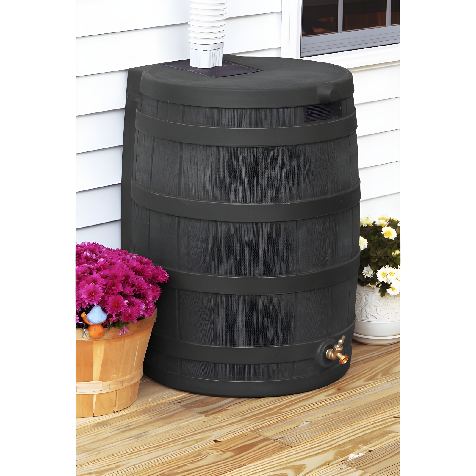 Black 50-Gallon Plastic Rain Water Collection Barrel