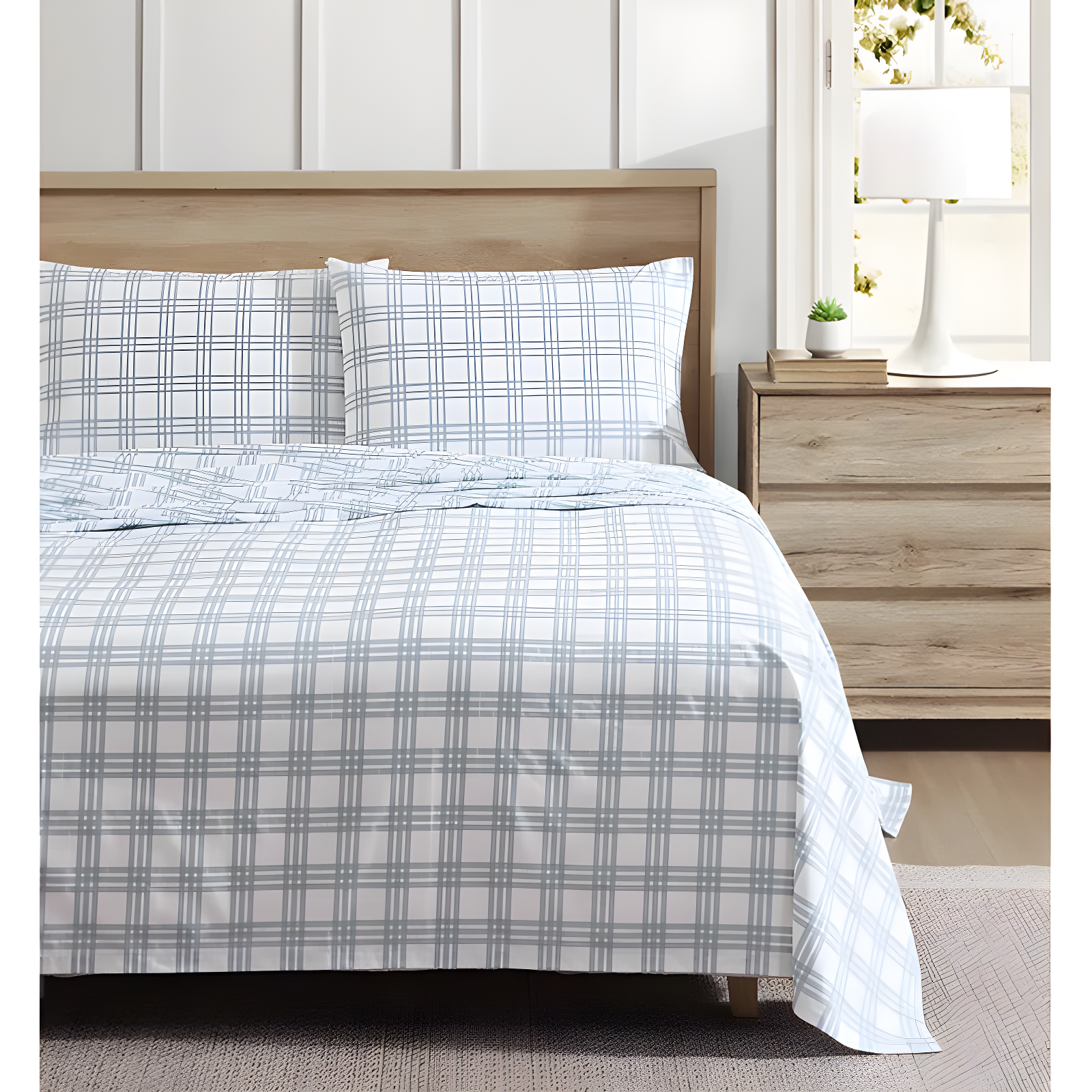 Queen White and Pale Green Plaid Cotton Percale Sheet Set