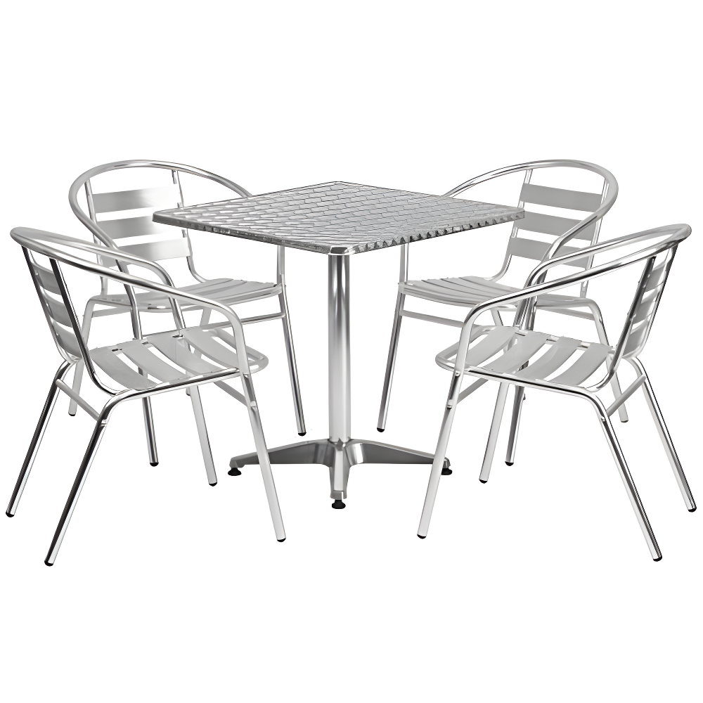 Silver Aluminum 5-Piece Patio Dining Set with Square Table and Slat Back Chairs