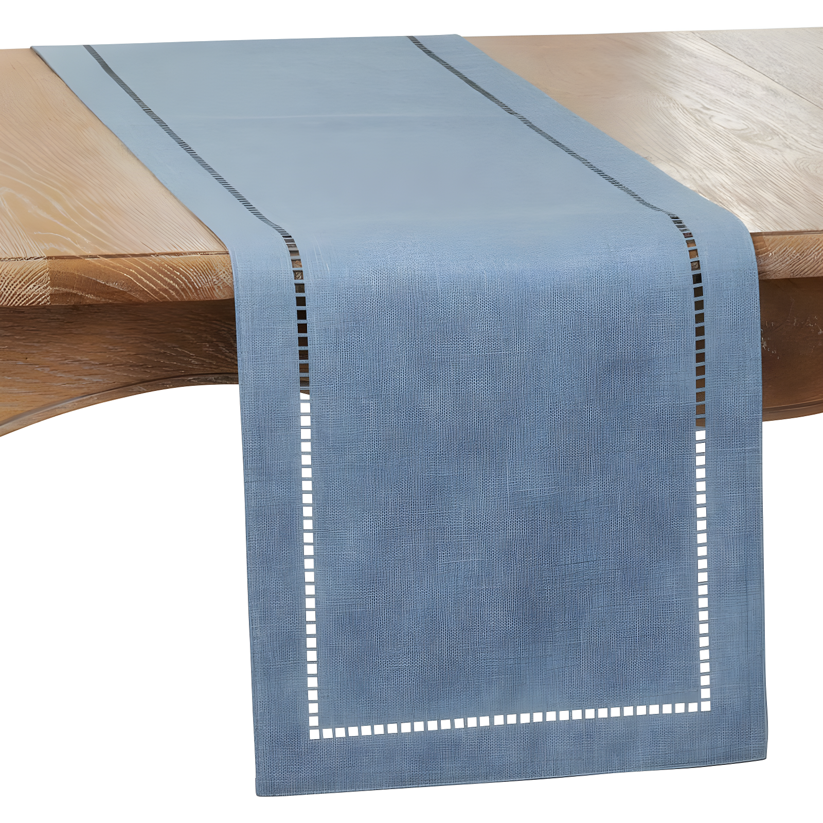 Denim Blue Polyester Laser-Cut Hemstitch Table Runner