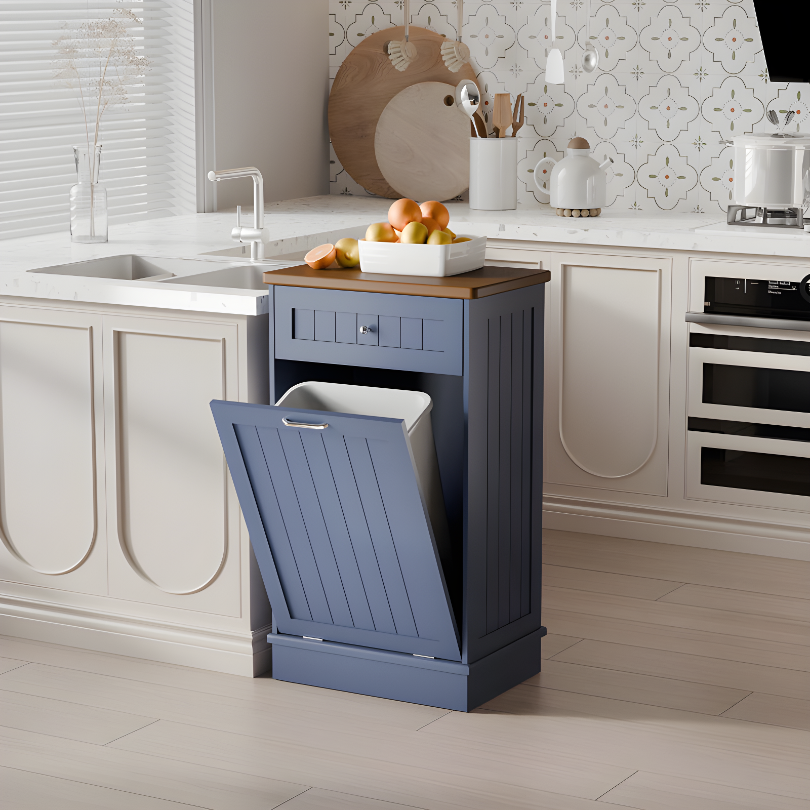 Blue Antique-Style Beadboard Kitchen Trash Cabinet with Wood Top