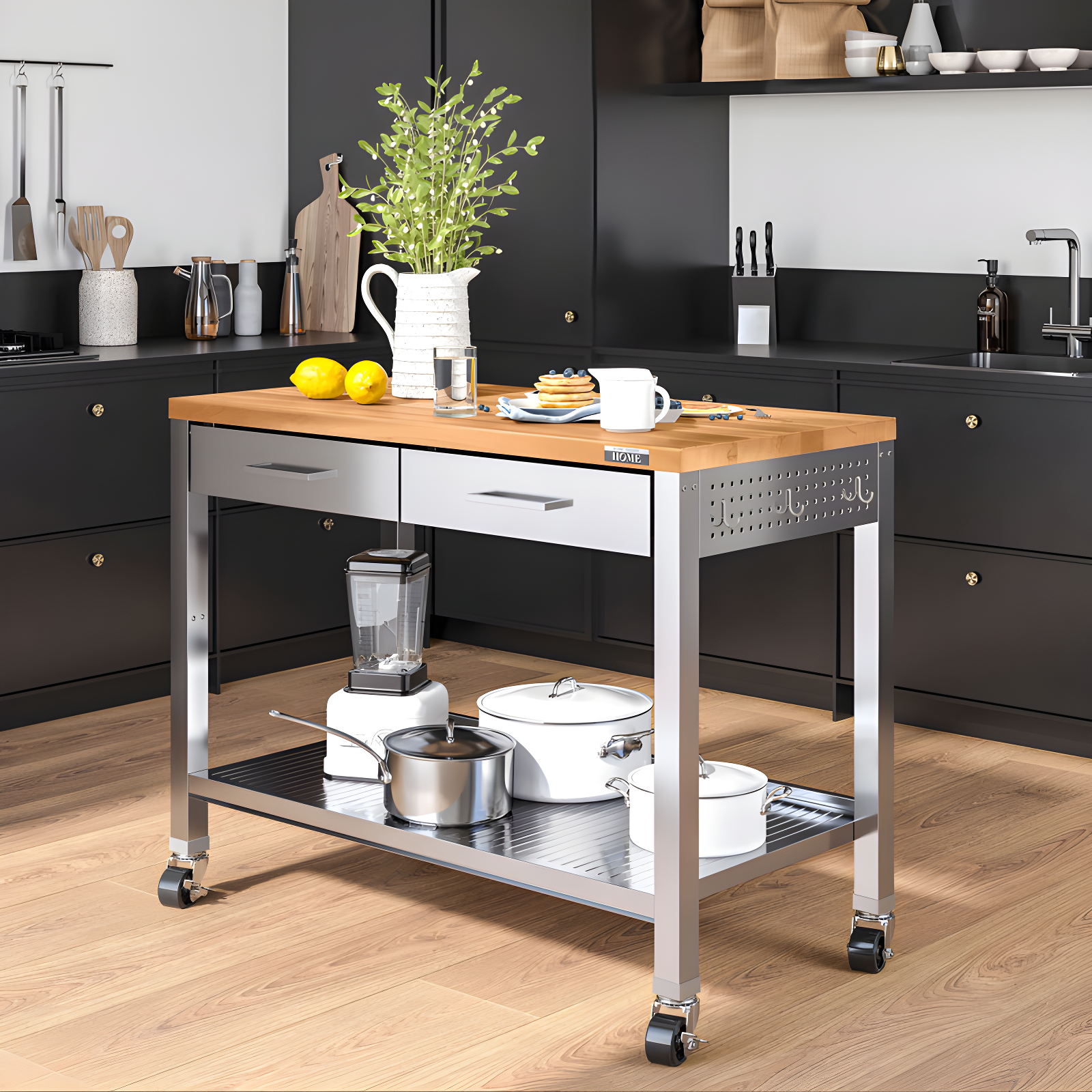 48'' Stainless Steel Kitchen Cart with Solid Wood Top