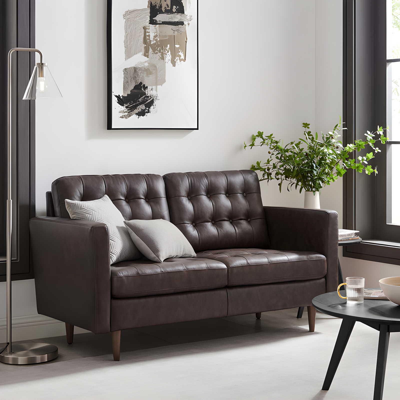 Brown Tufted Faux Leather Loveseat with Wood Legs