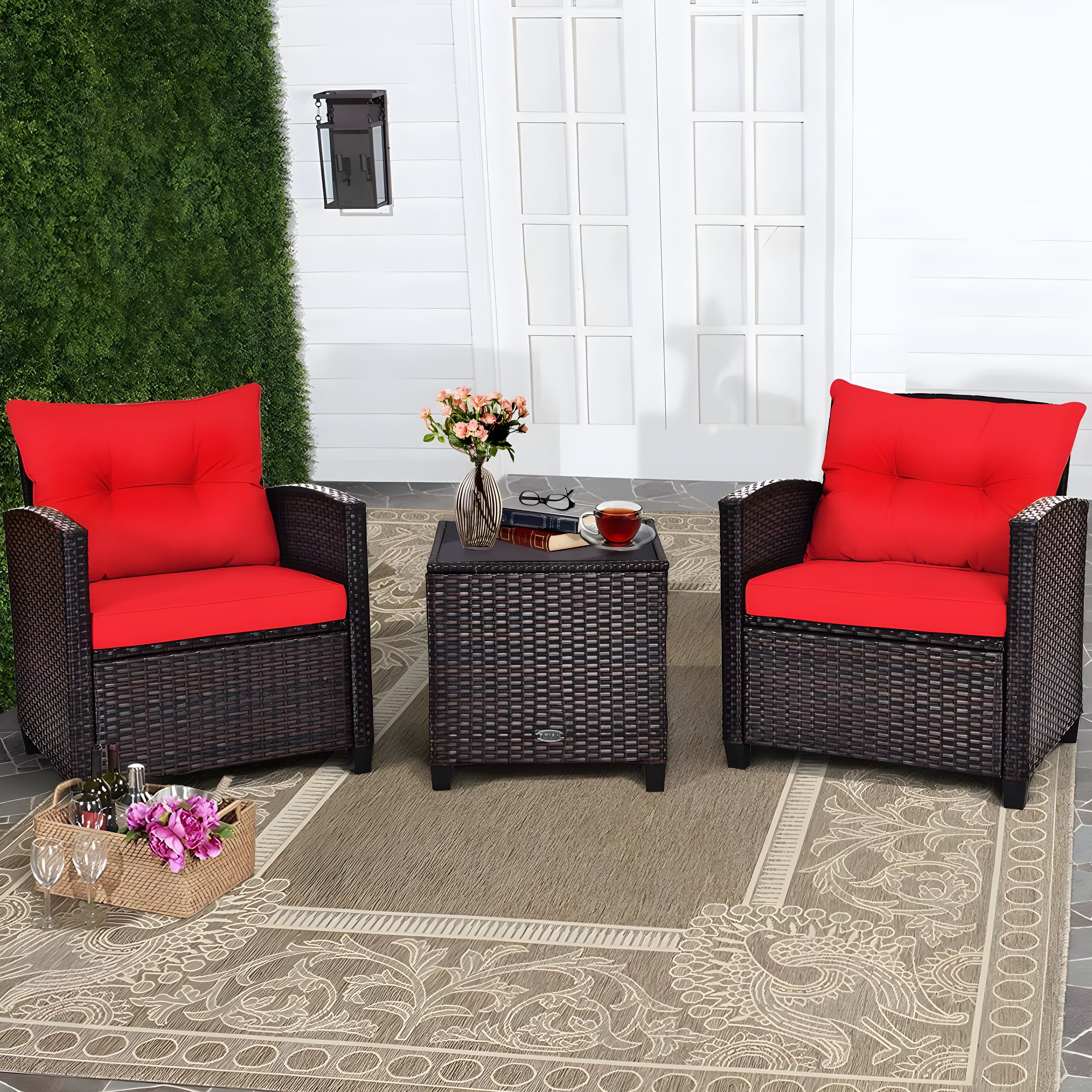 Brown Steel 3-Piece Patio Set with Red Cushions