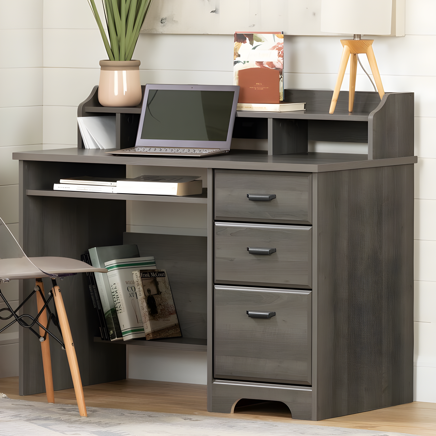 Versa Gray Maple Computer Desk with Hutch and File Storage