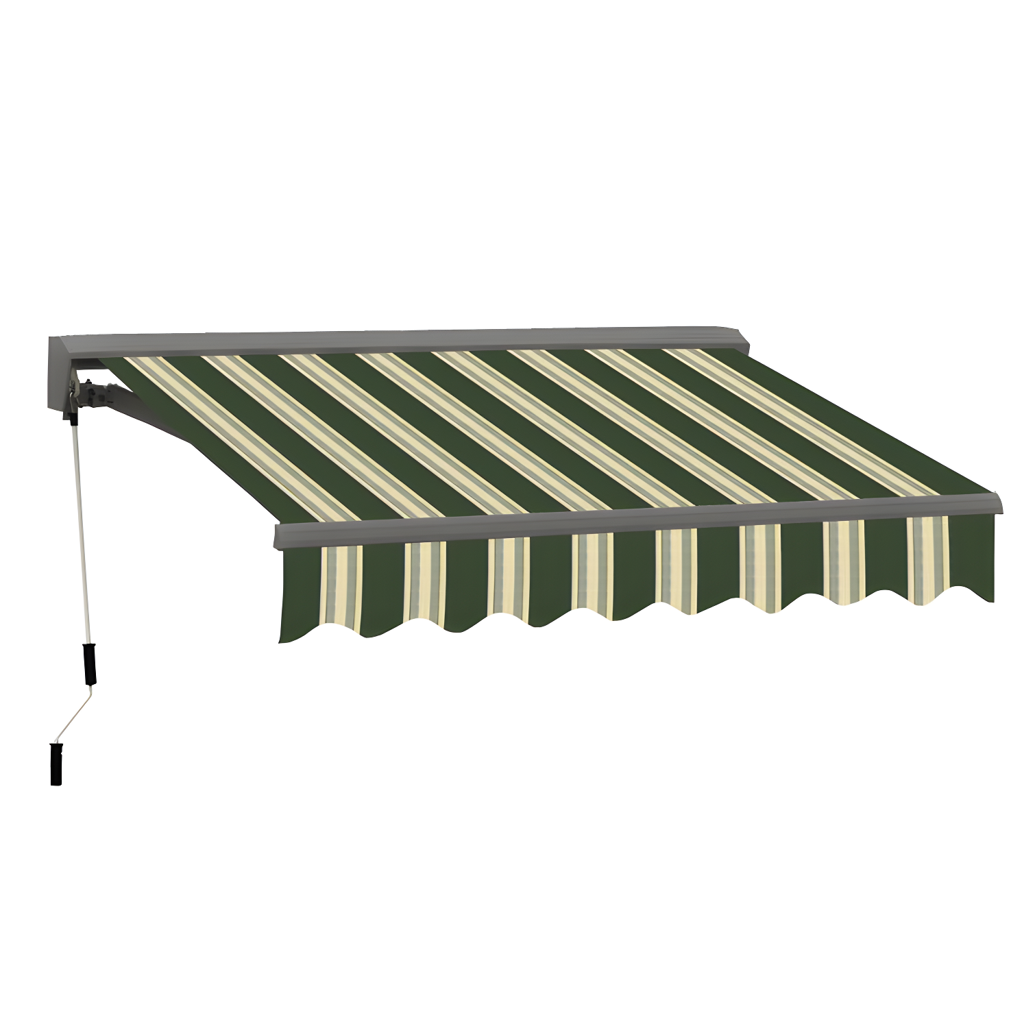 Forest Green and Beige Striped Manual Retractable Patio Awning