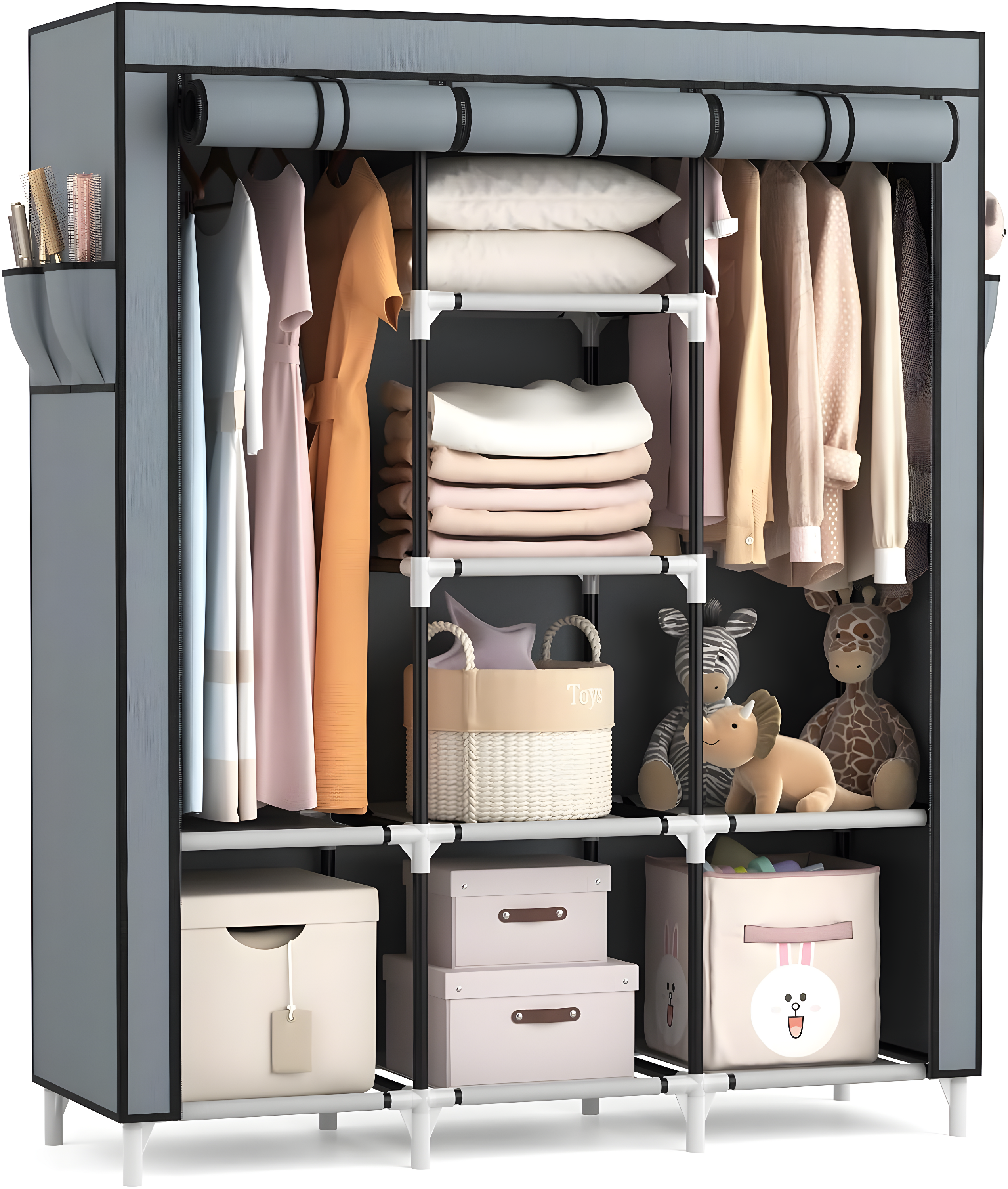 Gray Large Free-Standing Portable Closet with Shelves and Hanging Rods