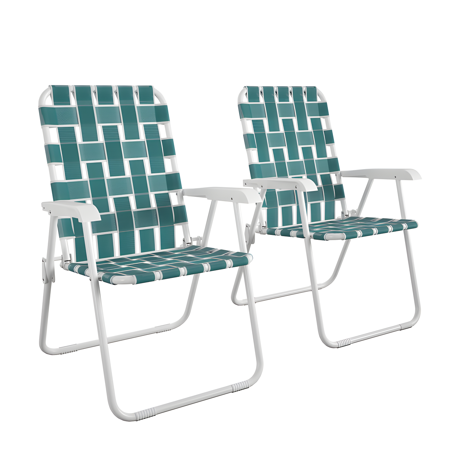 Teal and White Folding Lawn Chairs with Nylon Straps, Set of 2