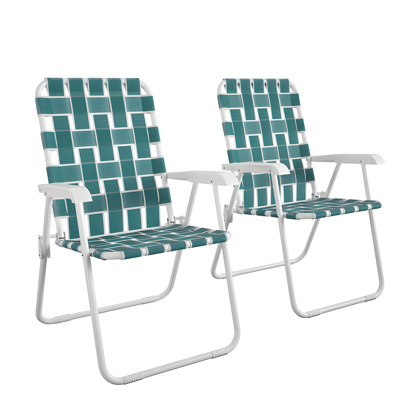 Teal and White Folding Lawn Chairs with Nylon Straps, Set of 2