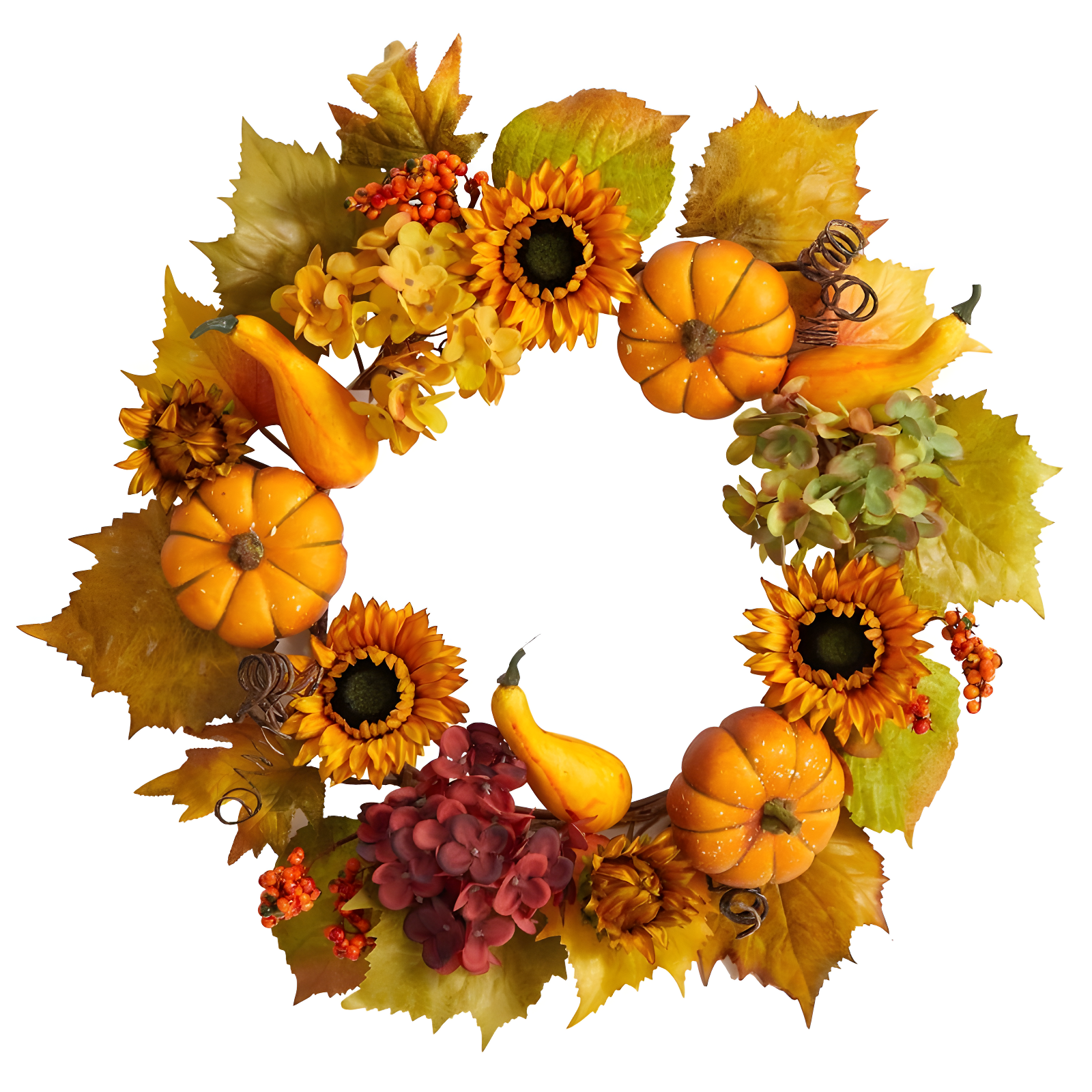 22" Autumn Hydrangea Sunflower and Pumpkin Artificial Wreath