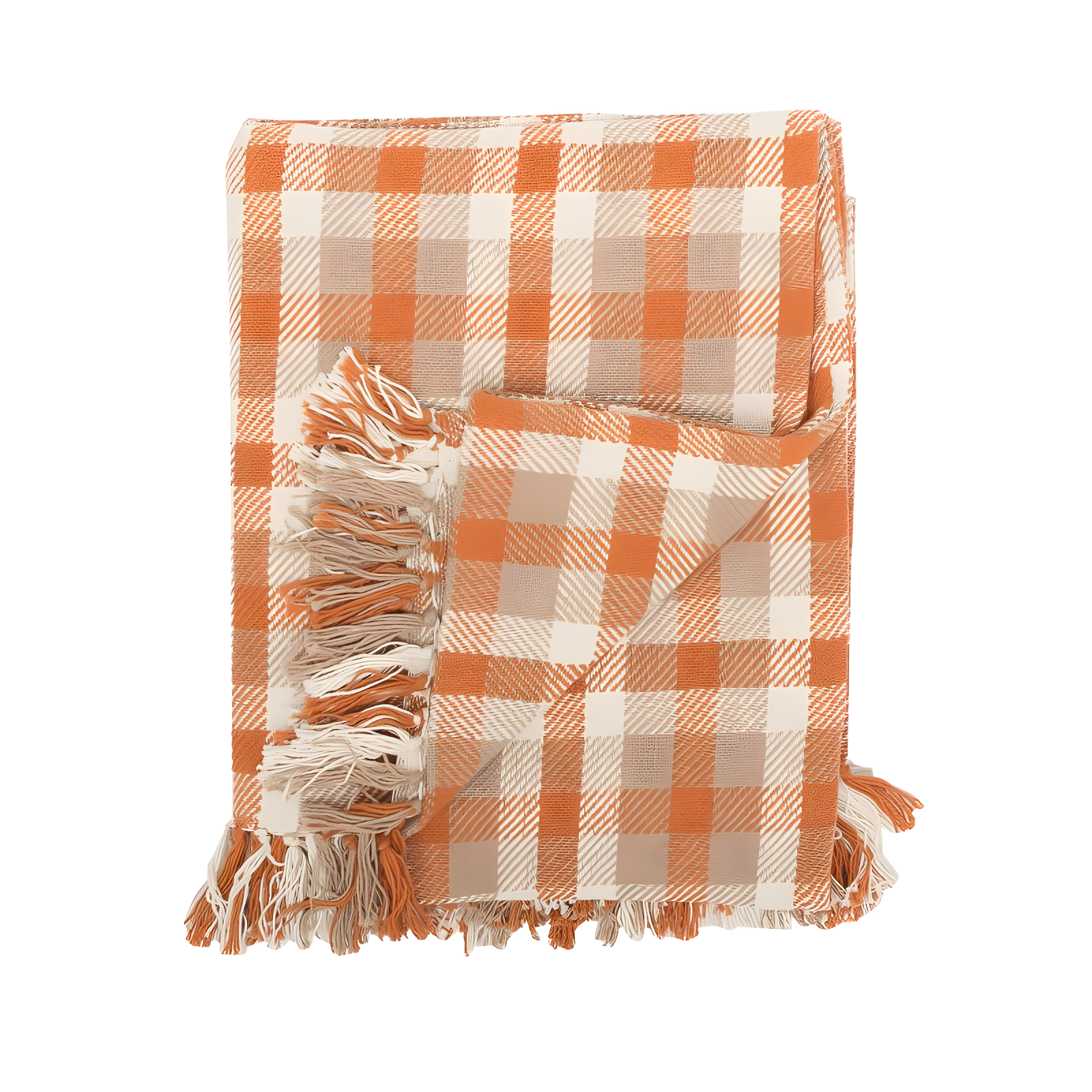 Orange and Beige Cotton Plaid Throw Blanket