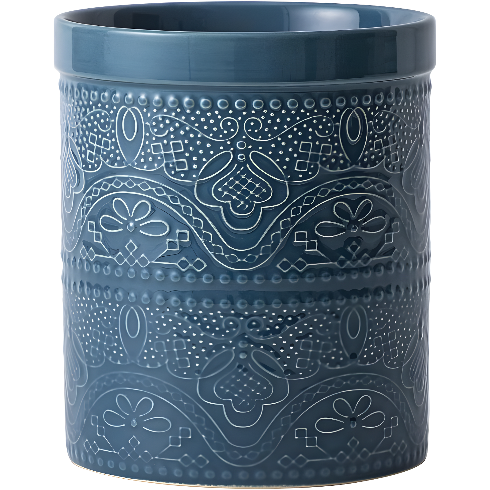 Blue Ceramic Lace Embossed Large Utensil Crock