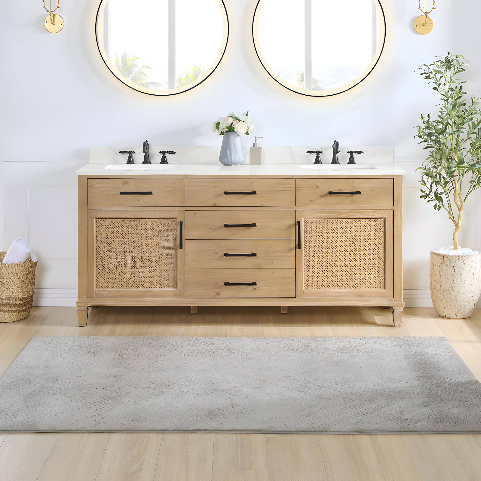 Solana 72" Weathered Fir Double Bathroom Vanity Base with Rattan Accents