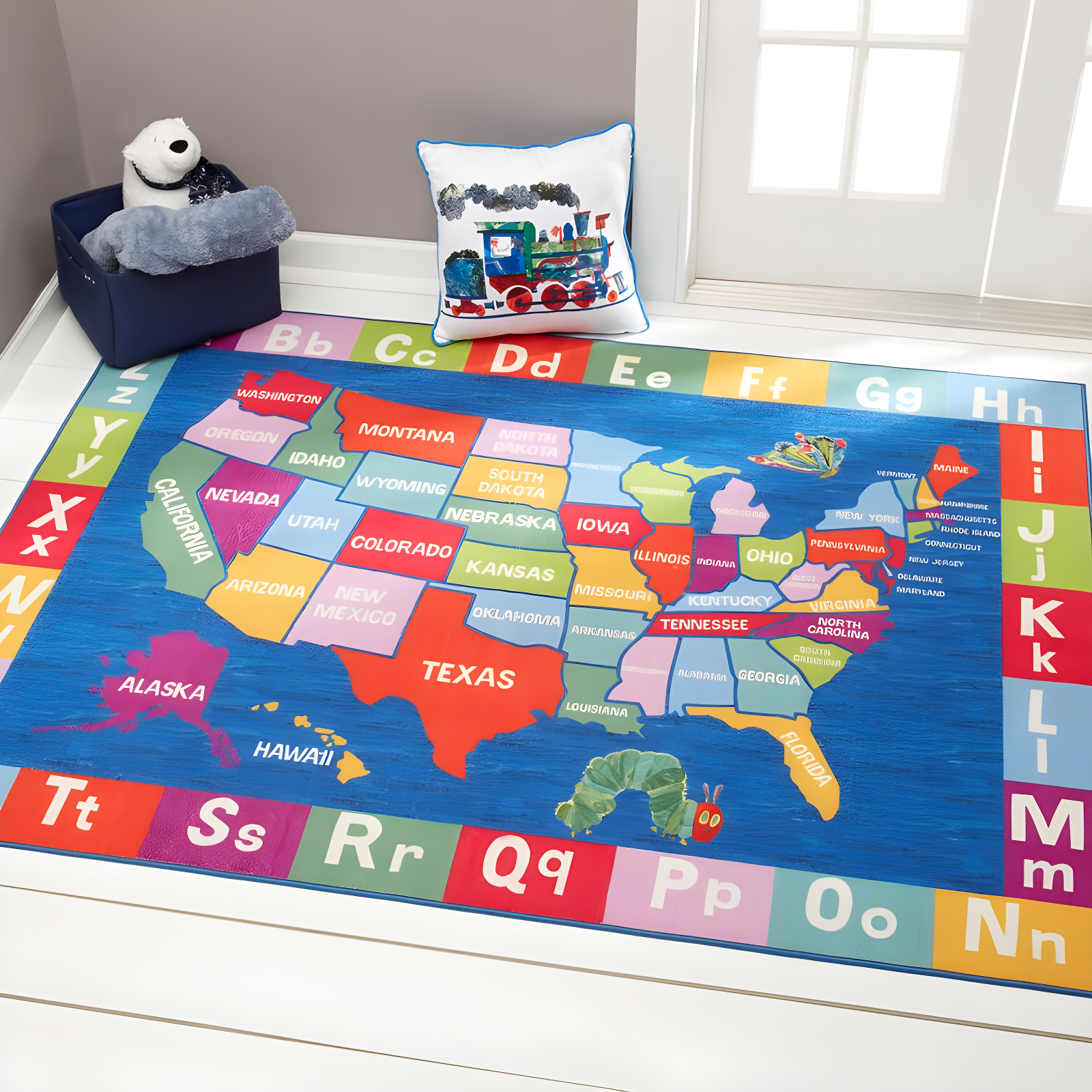 Eric Carle Blue USA Map Kids Washable Area Rug