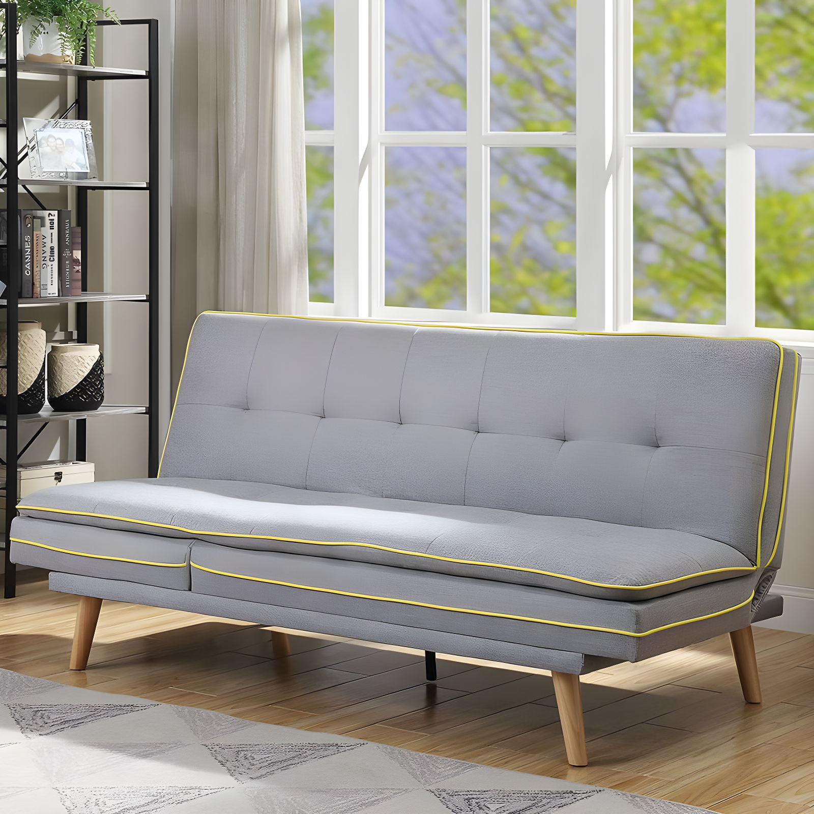 Gray Linen and Oak Wood Tufted Sleeper Sofa