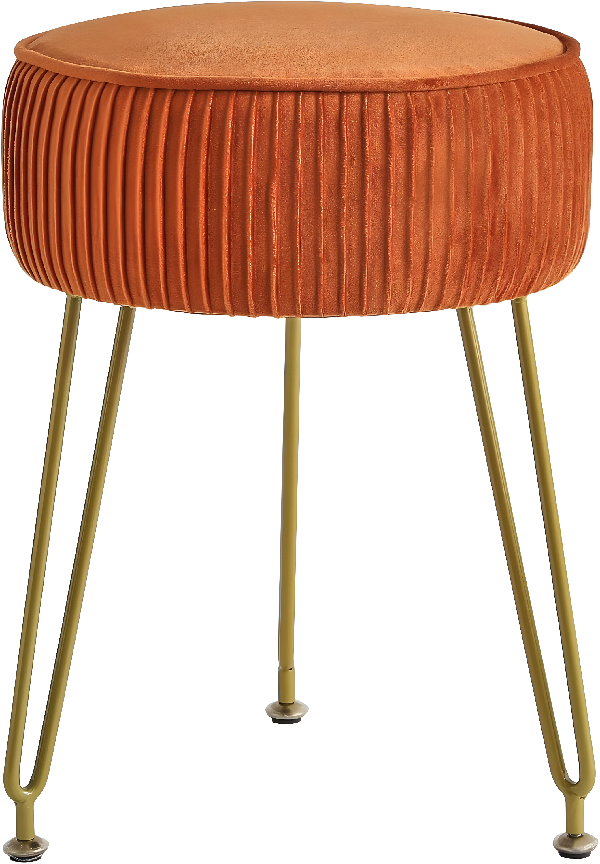 Orange Velvet Round Ottoman with Golden Steel Legs