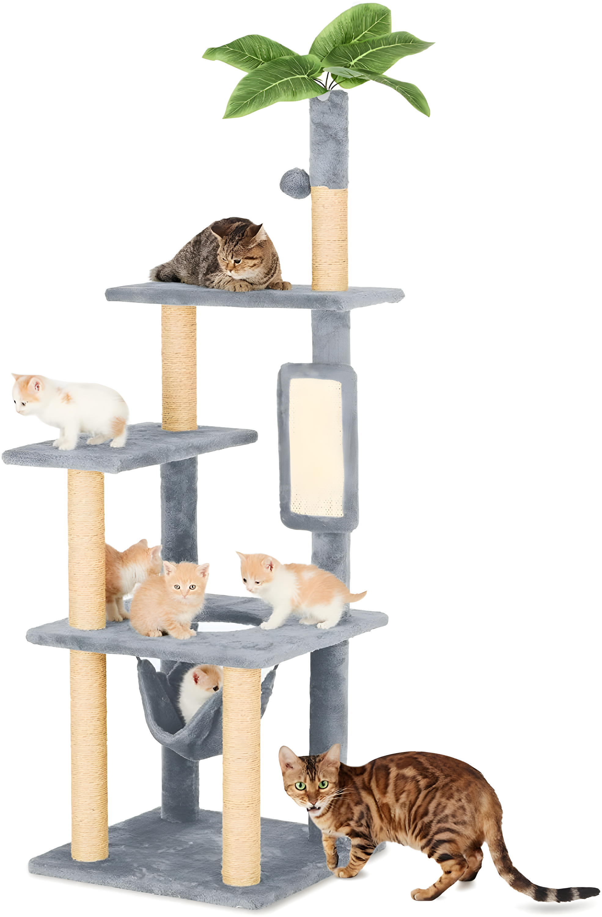 55" Multi-Level Cat Tree with Hammock and Green Leaves