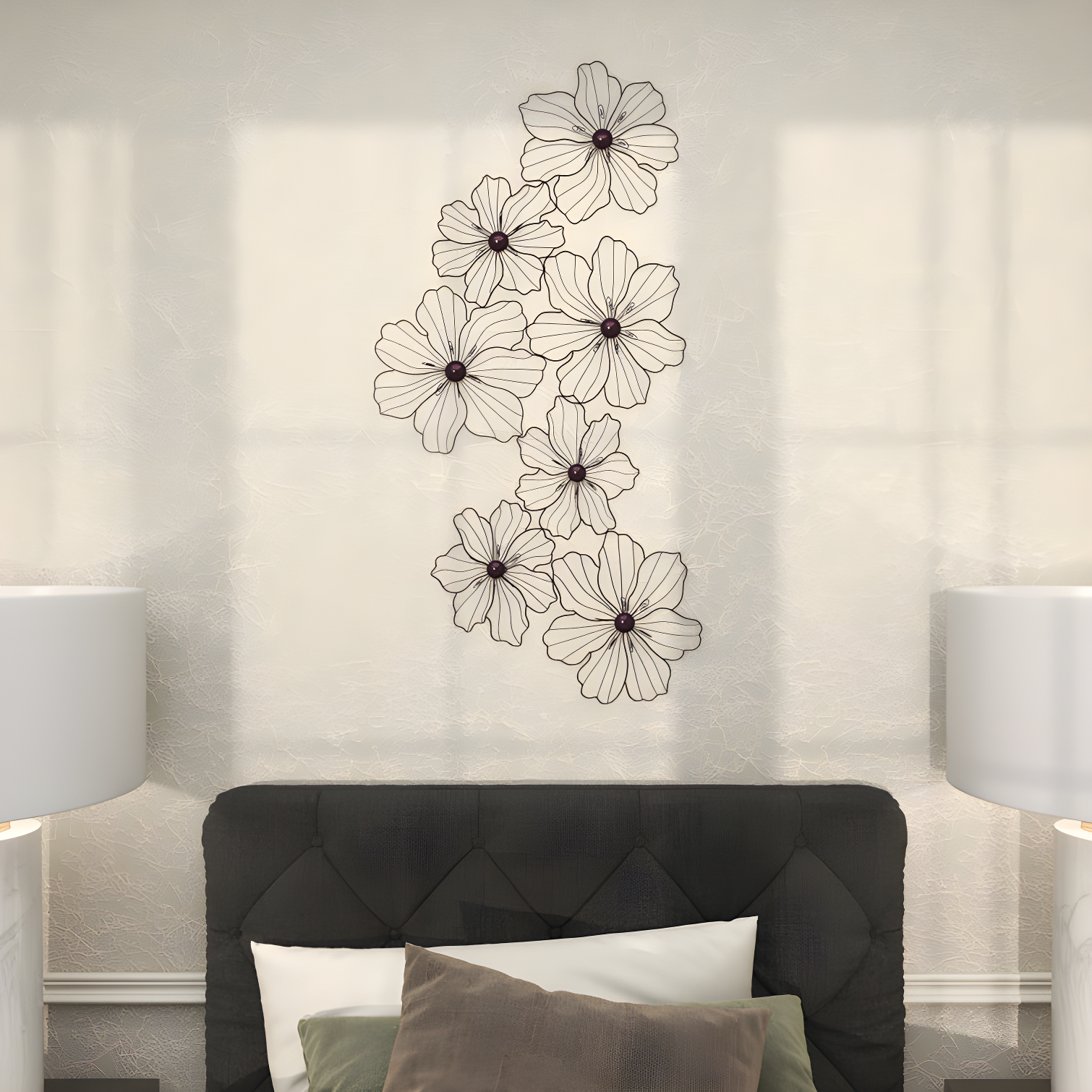 Black Metal Floral Wire Wall Sculpture with Scroll Accents