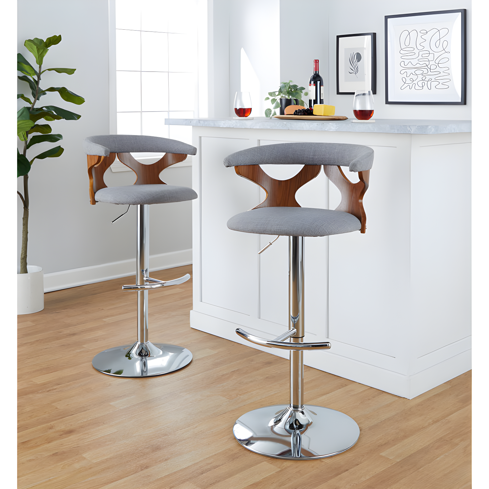 Gray Adjustable Swivel Barstool with Walnut and Chrome Frame