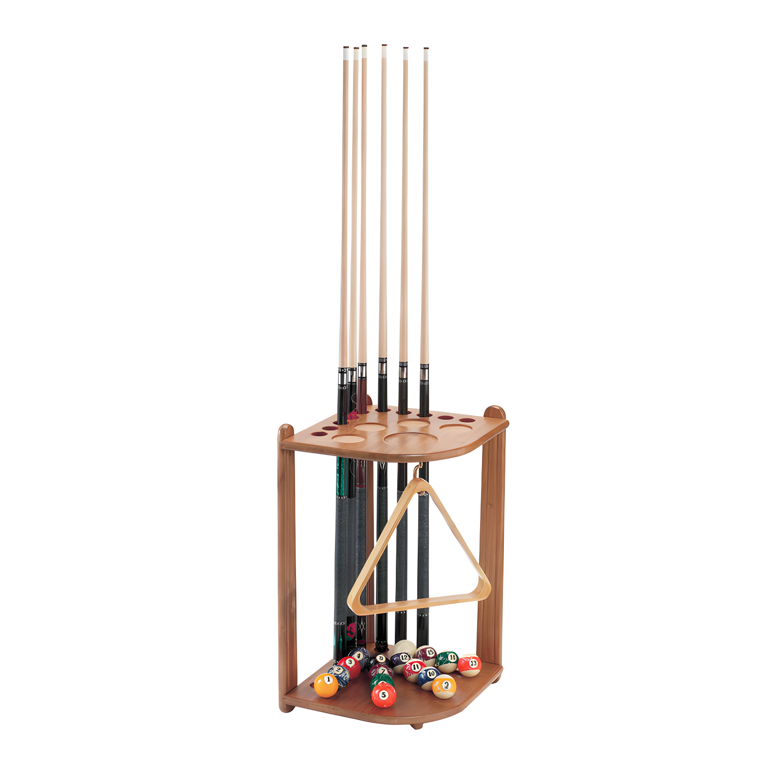 Oak Corner Freestanding 10-Cue Billiard Rack with Storage