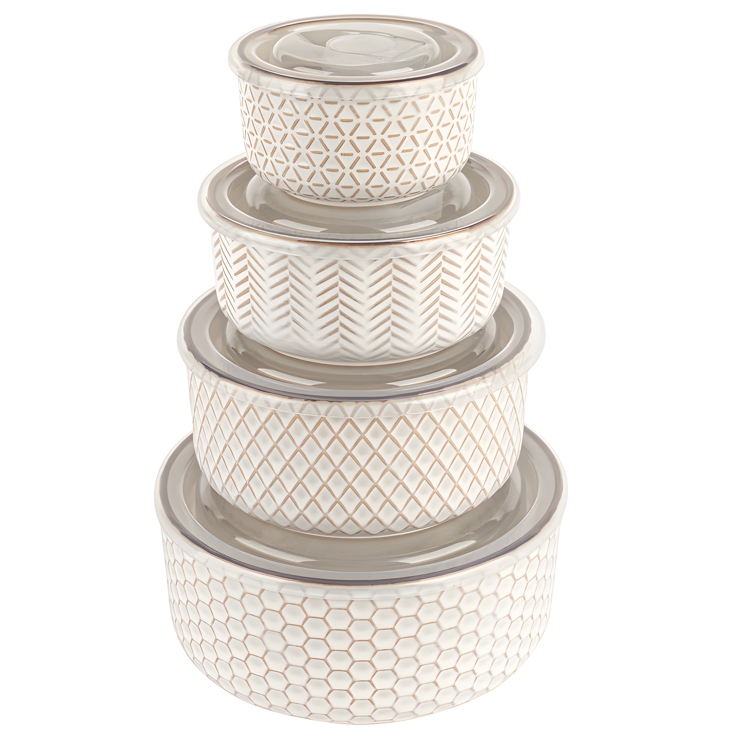 Ivory Ceramic Geometric Nesting Bowls with Lids, Set of 4