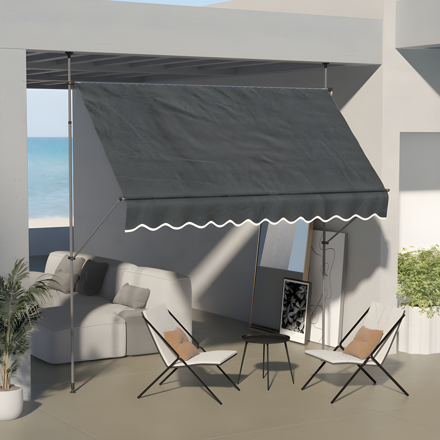 Dark Gray Polyester Retractable Patio Awning with Ruffled Edge