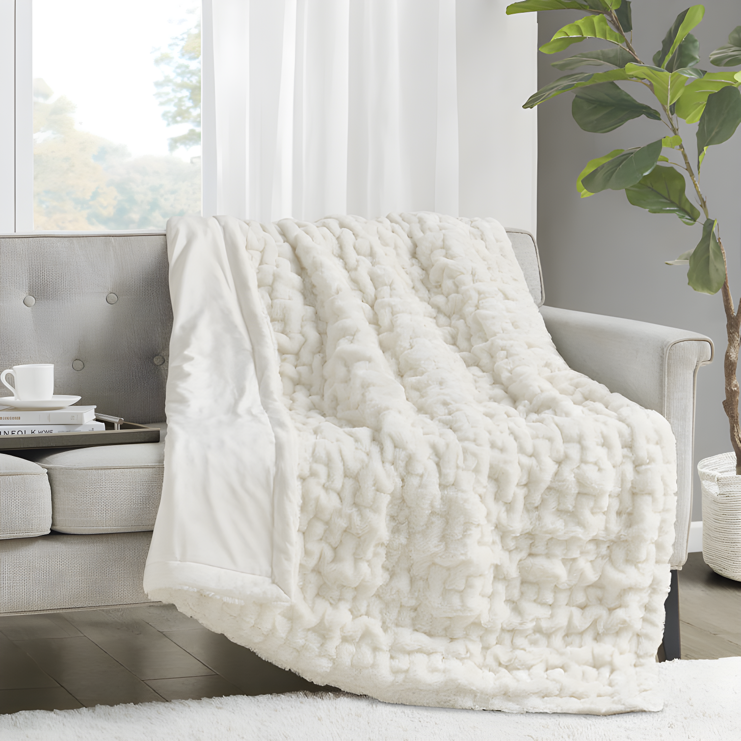 Ivory Reversible Faux Fur Throw Blanket 50"x60"