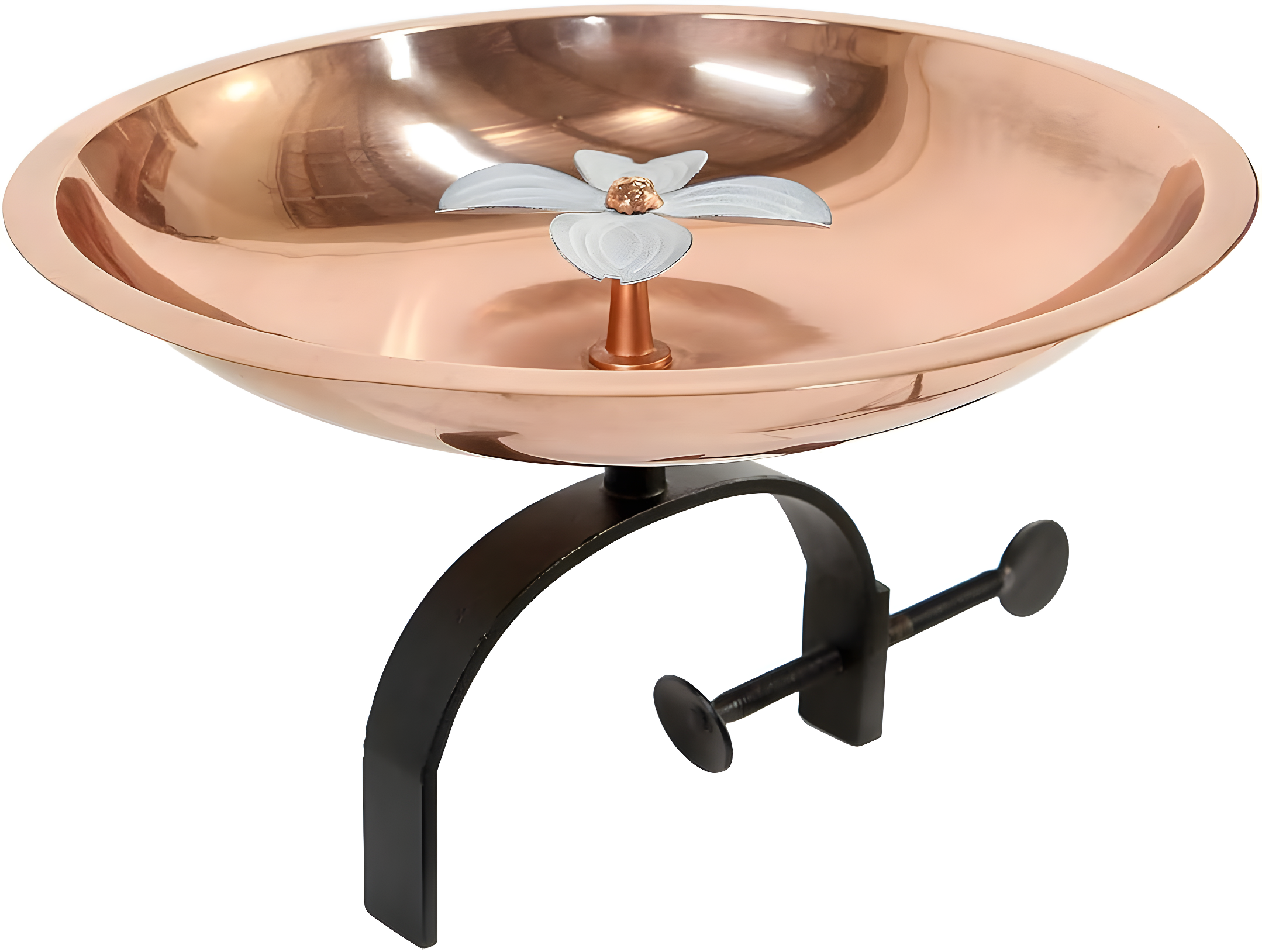 Copper and White Metal Dogwood Railing Mount Birdbath