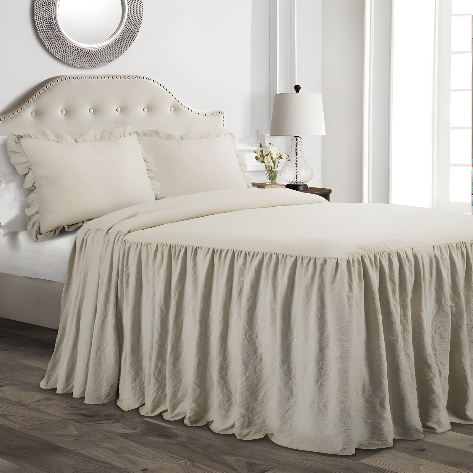 Neutral Queen Microfiber Bedspread Set with Ruffle Detail