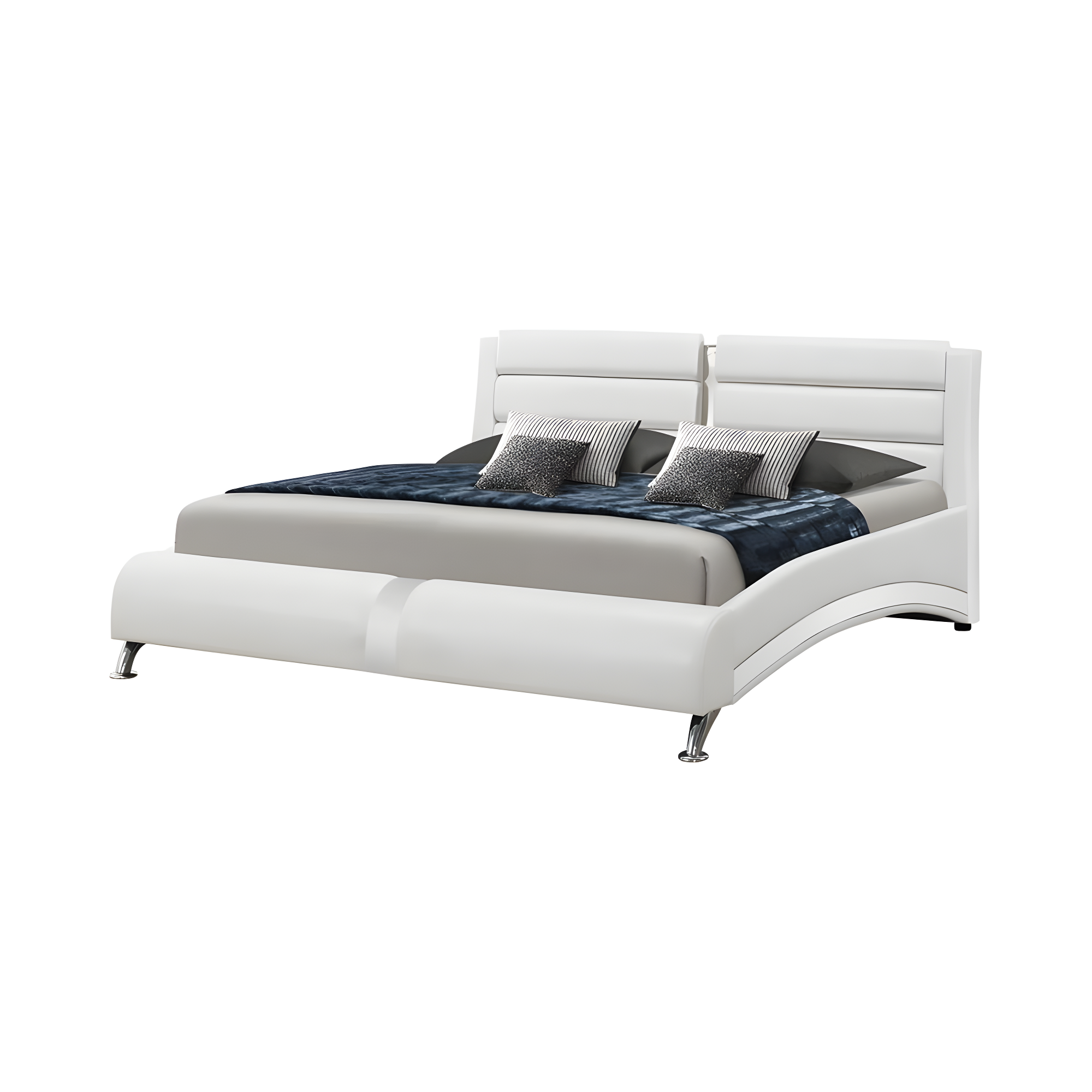 Sleek Eastern King White Faux Leather Bed with Chrome Accents