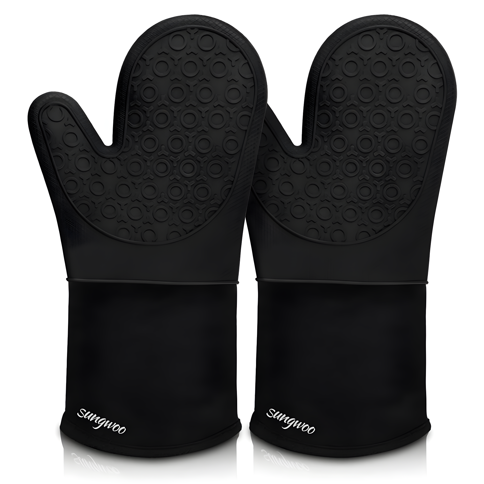 Extra Long Black Silicone Oven Mitts with Quilted Liner