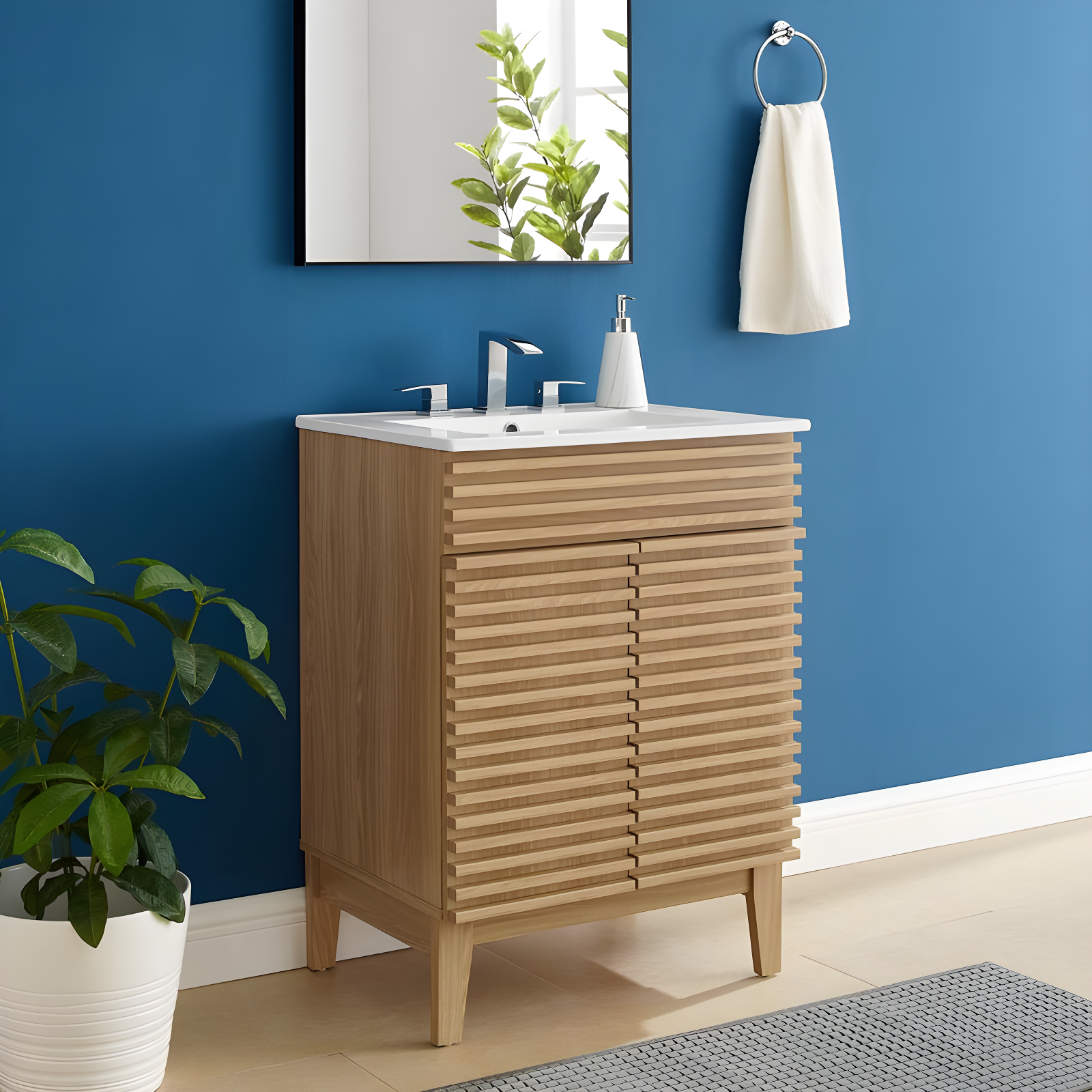 Oak and White Mid-Century Modern Bathroom Vanity with Integrated Sink