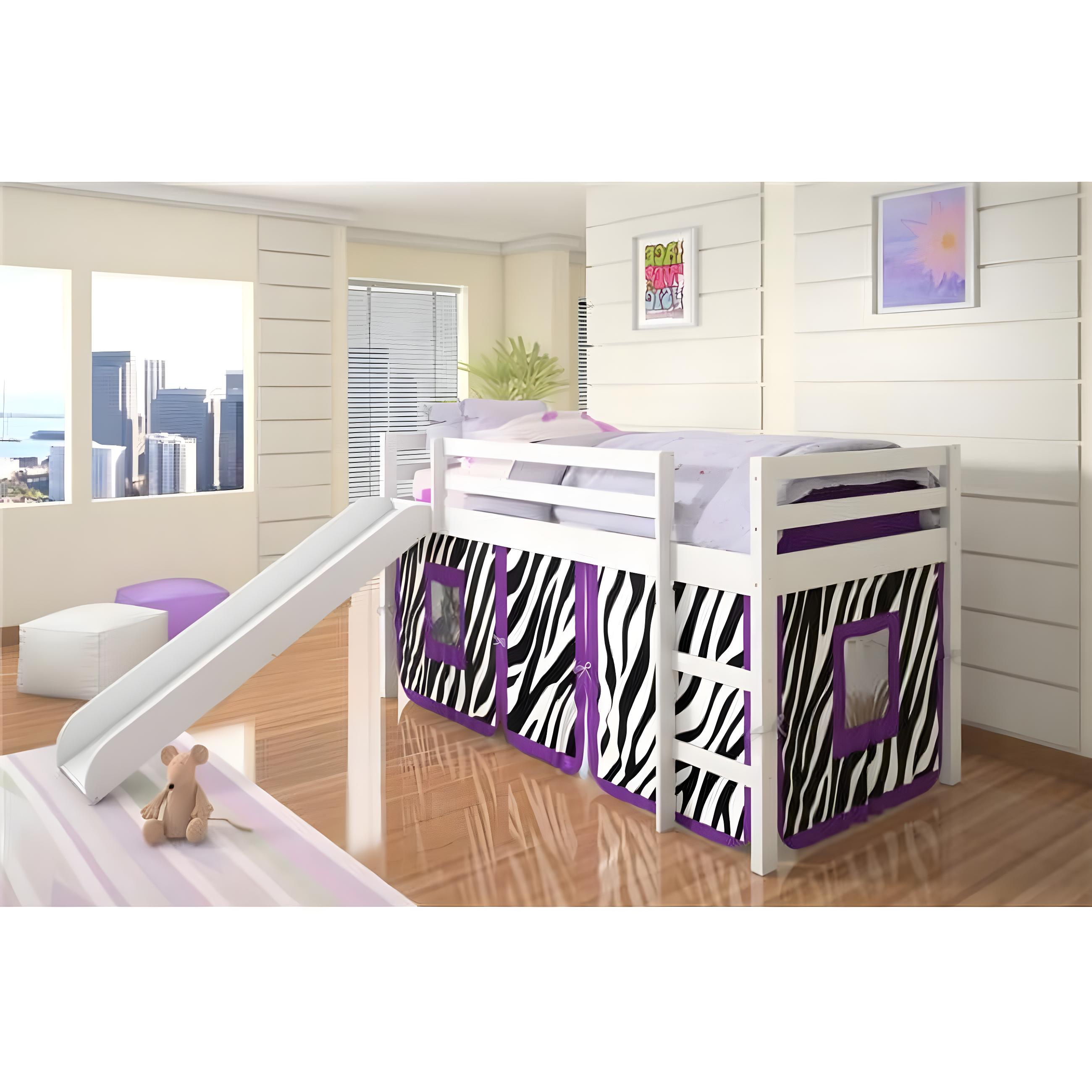 White Twin Loft Bed with Slide and Zebra Tent