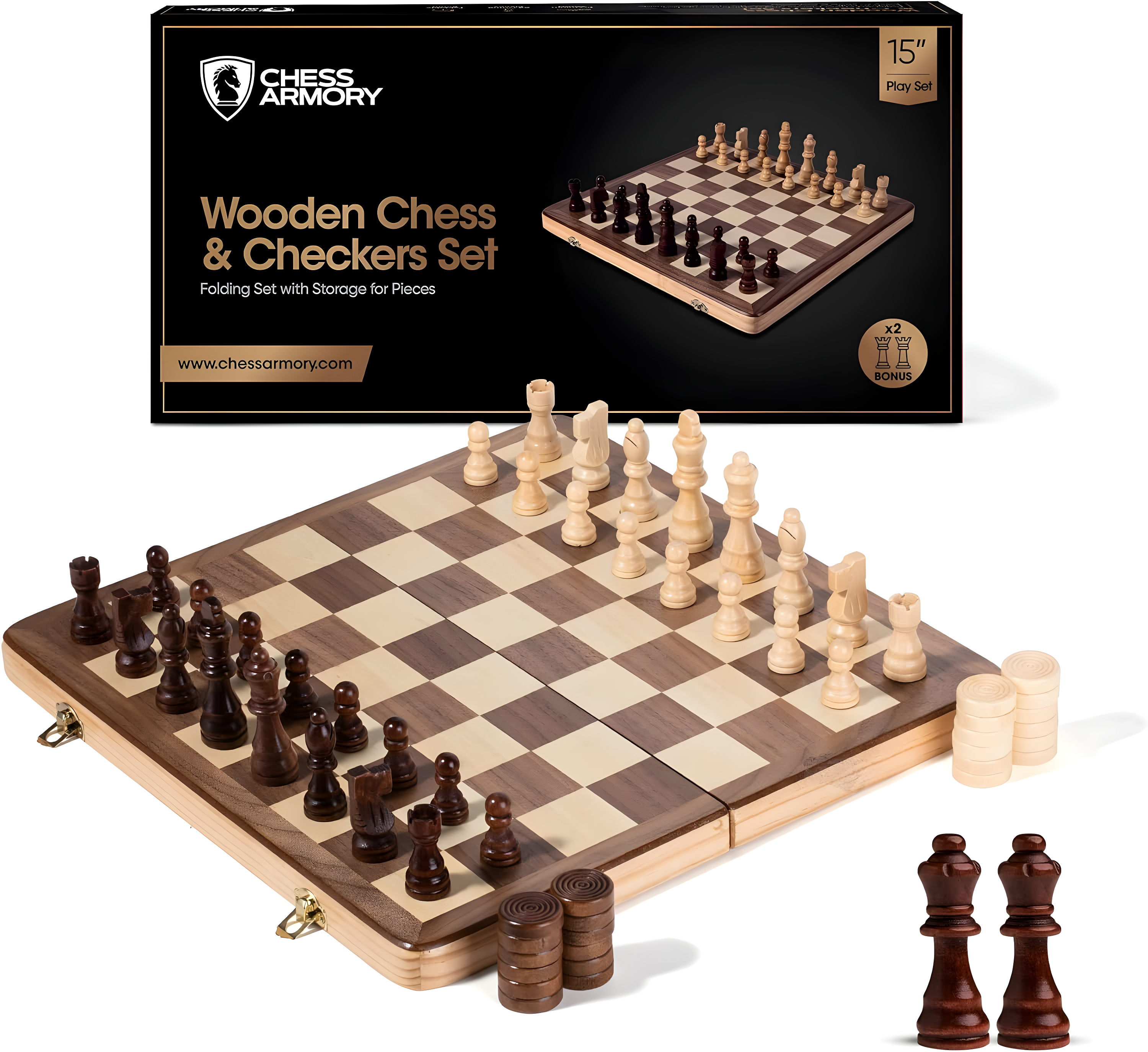 15" Walnut and Maple Wooden Chess and Checkers Set