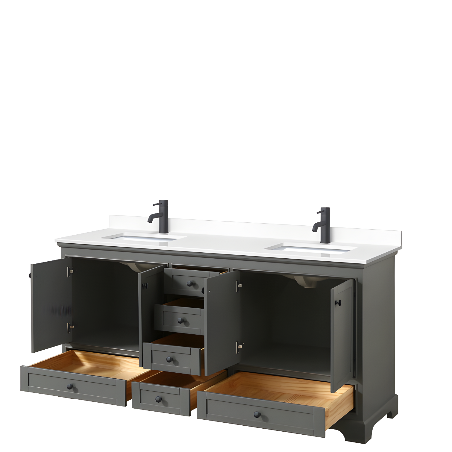 Deborah 72'' Dark Gray Double Vanity with White Marble Top and Matte Black Hardware