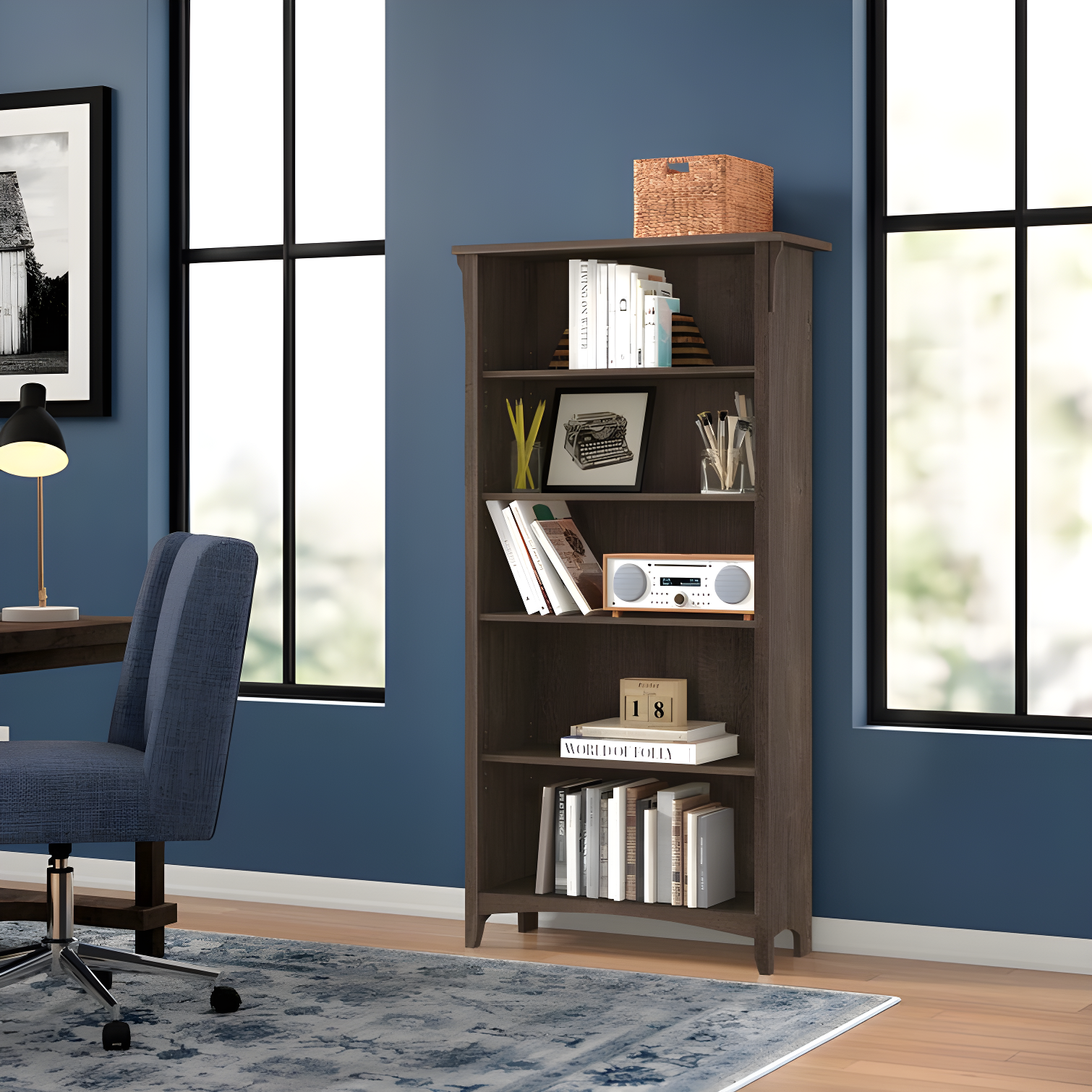 Ash Brown Adjustable 63" 5-Shelf Wood Bookcase