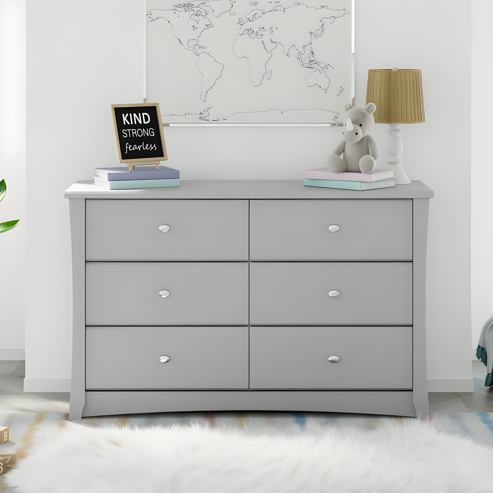 Pebble Gray 6-Drawer Double Nursery Dresser with Metal Knobs