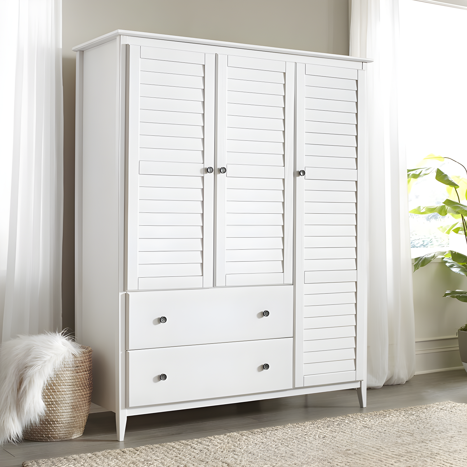 Brushed White Solid Pine Coastal 3-Door Armoire