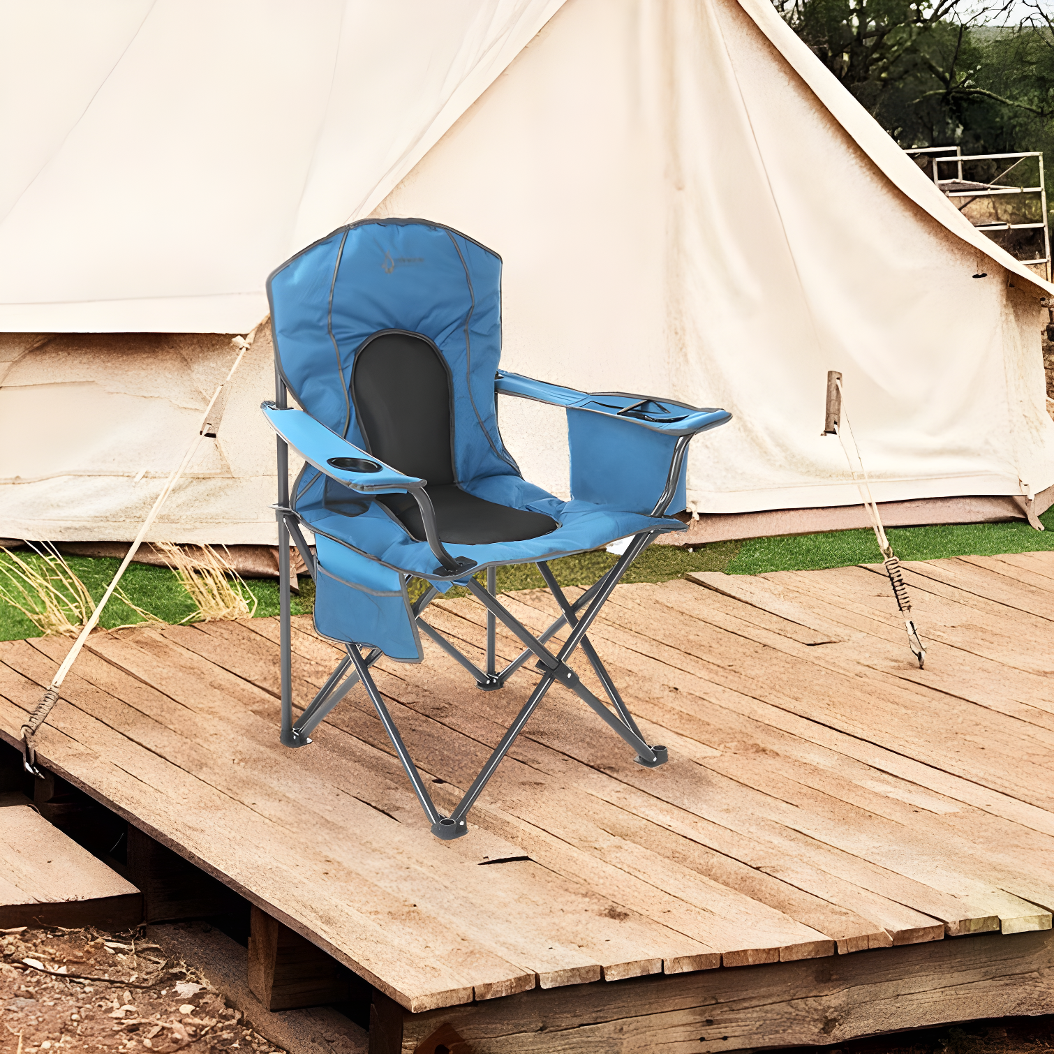 Alloy Steel Portable Folding Camp Chair with Cooler - Blue