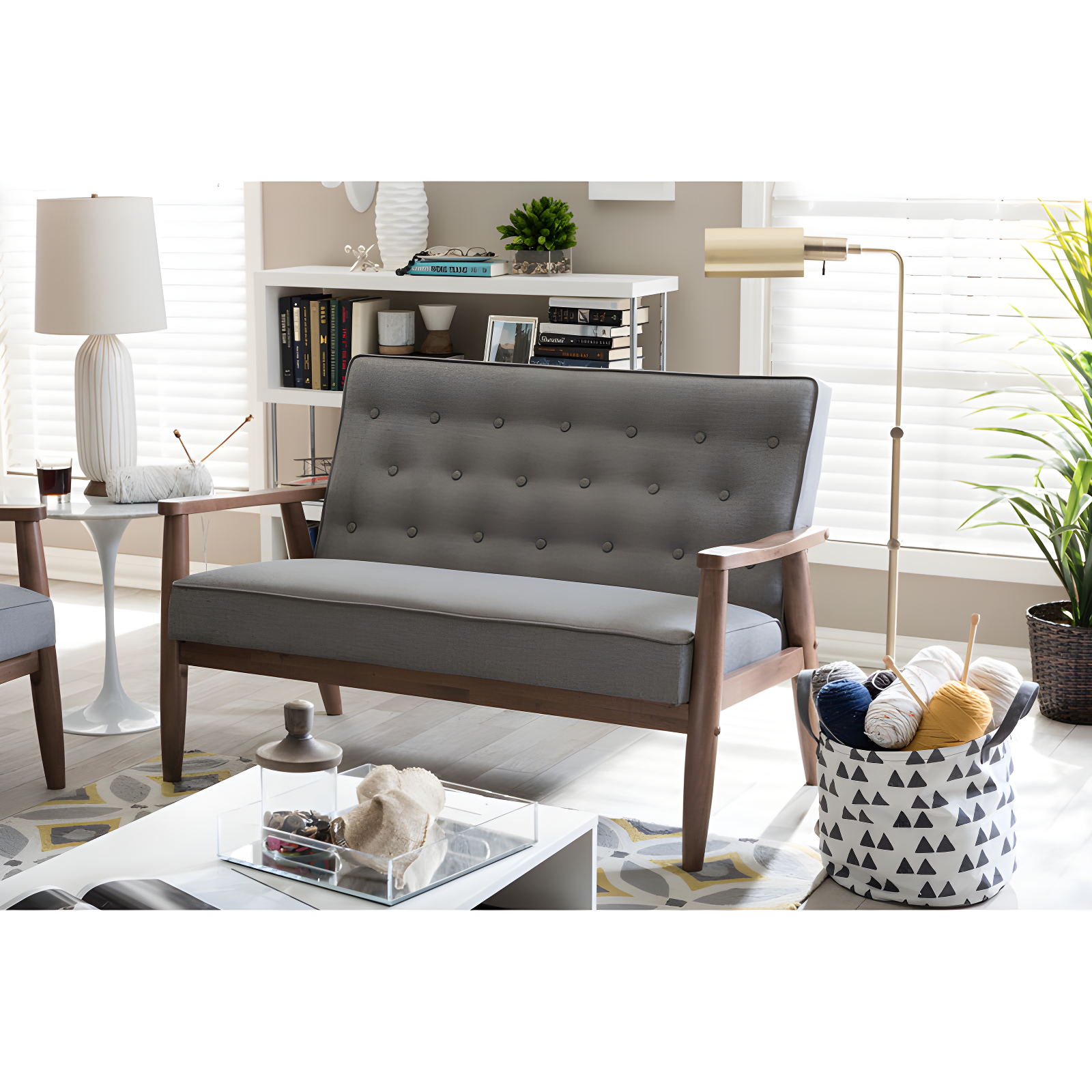 Sorrento Mid-Century Gray Faux Leather Tufted Loveseat with Wooden Legs