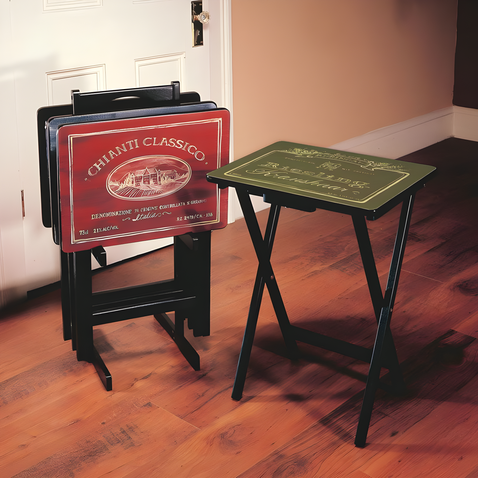 Vintage Wine Label Wooden TV Tray Set with Stand