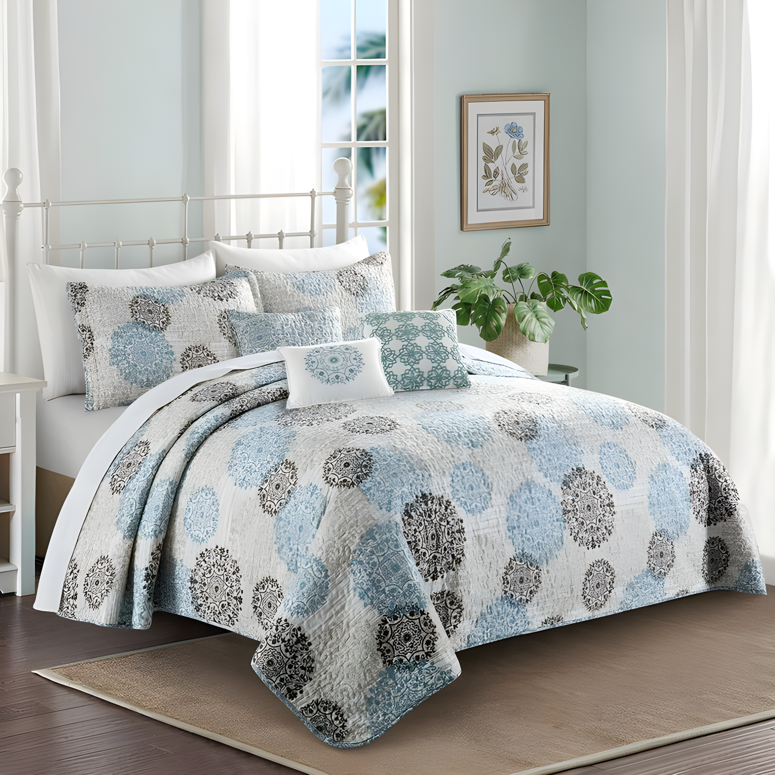 Marina Blue Reversible Microfiber Queen Quilt Set