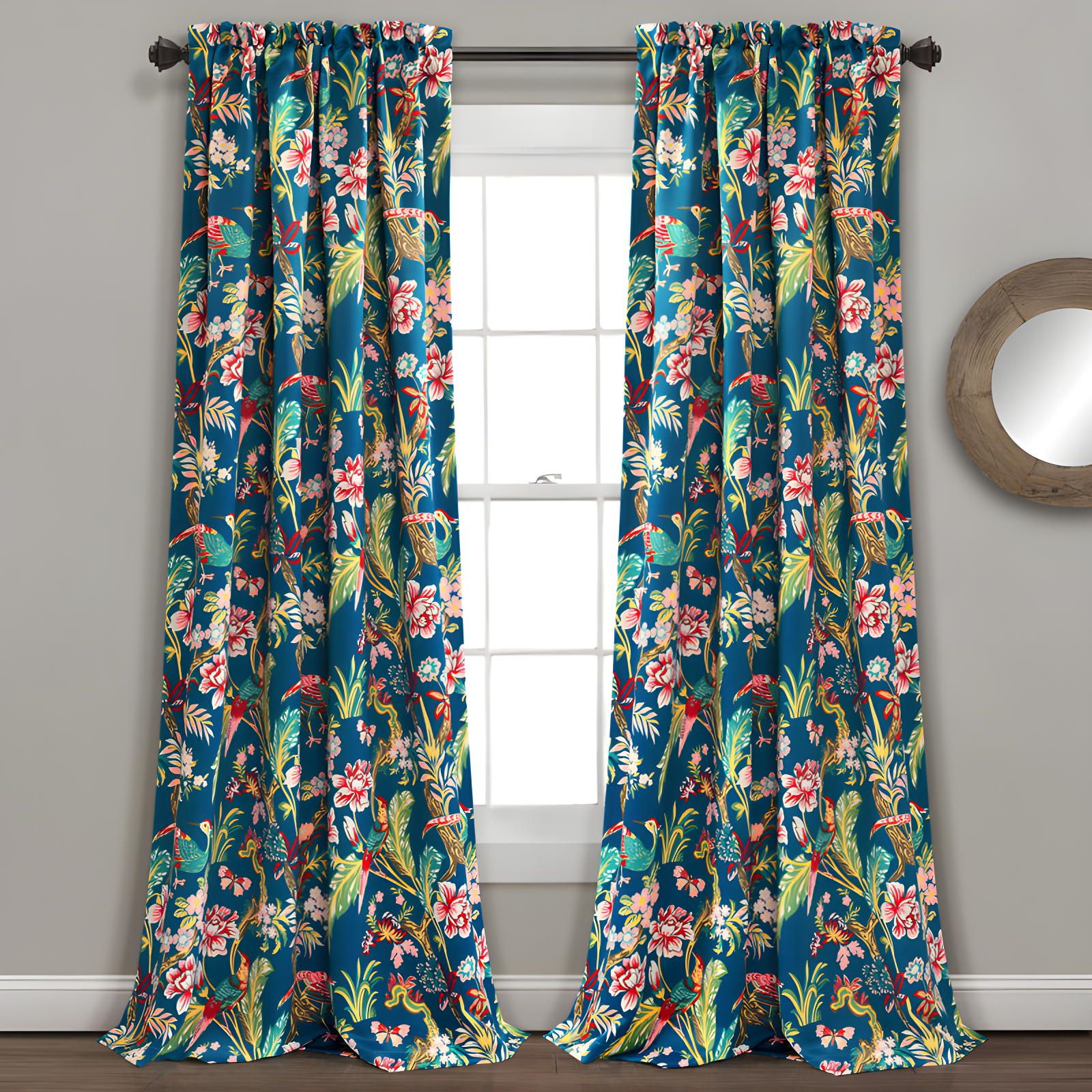 Navy and Multicolor Floral Blackout Polyester Curtain Panels