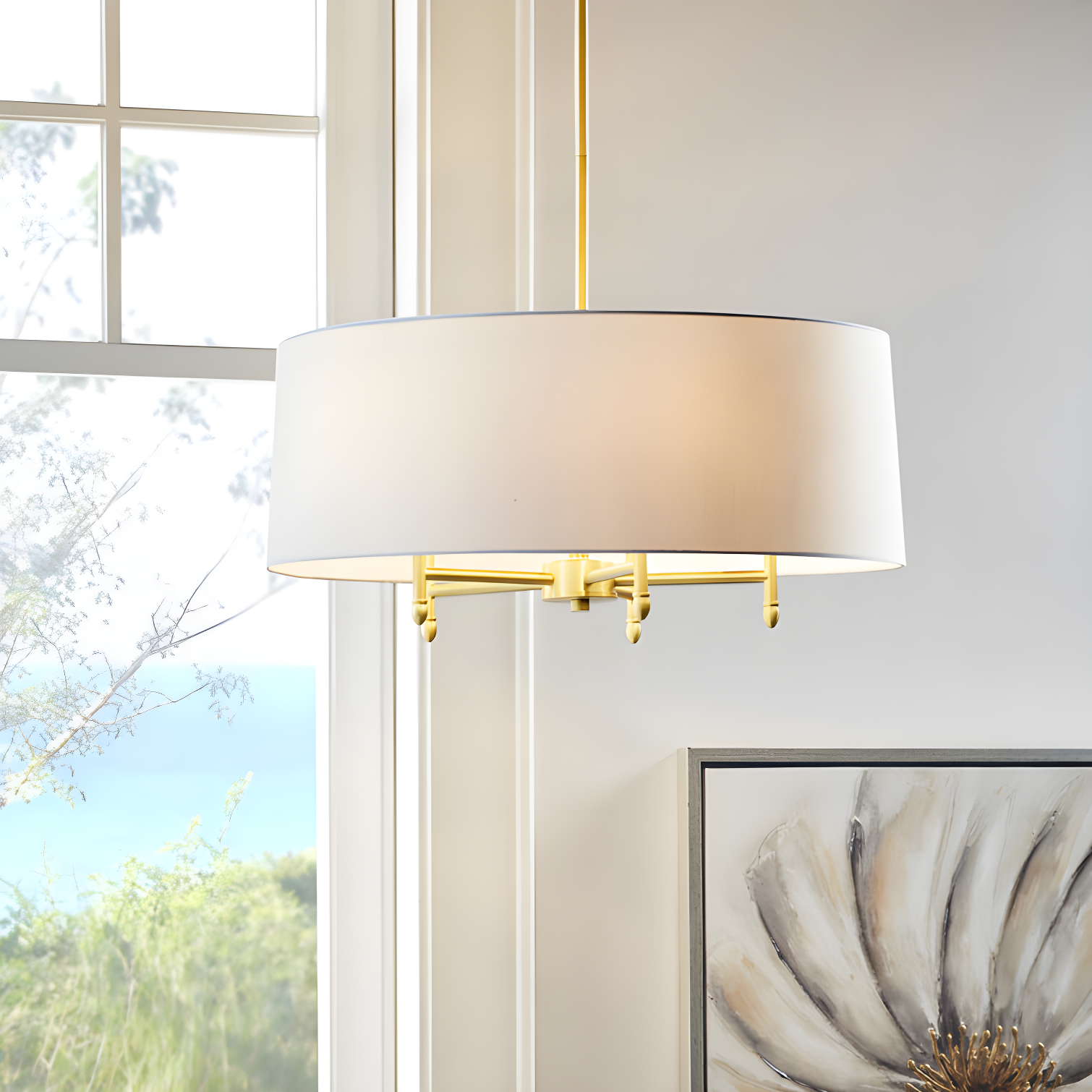 Elegant Transitional Presidio Brass Drum Chandelier with White Shade