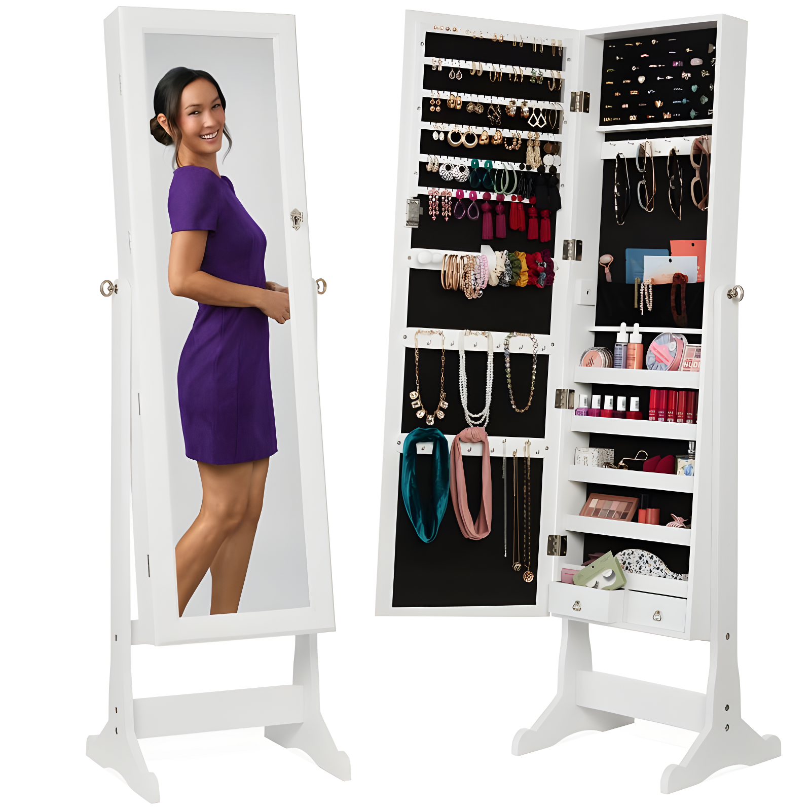 White Freestanding Jewelry Armoire Cabinet with Full-Length Mirror