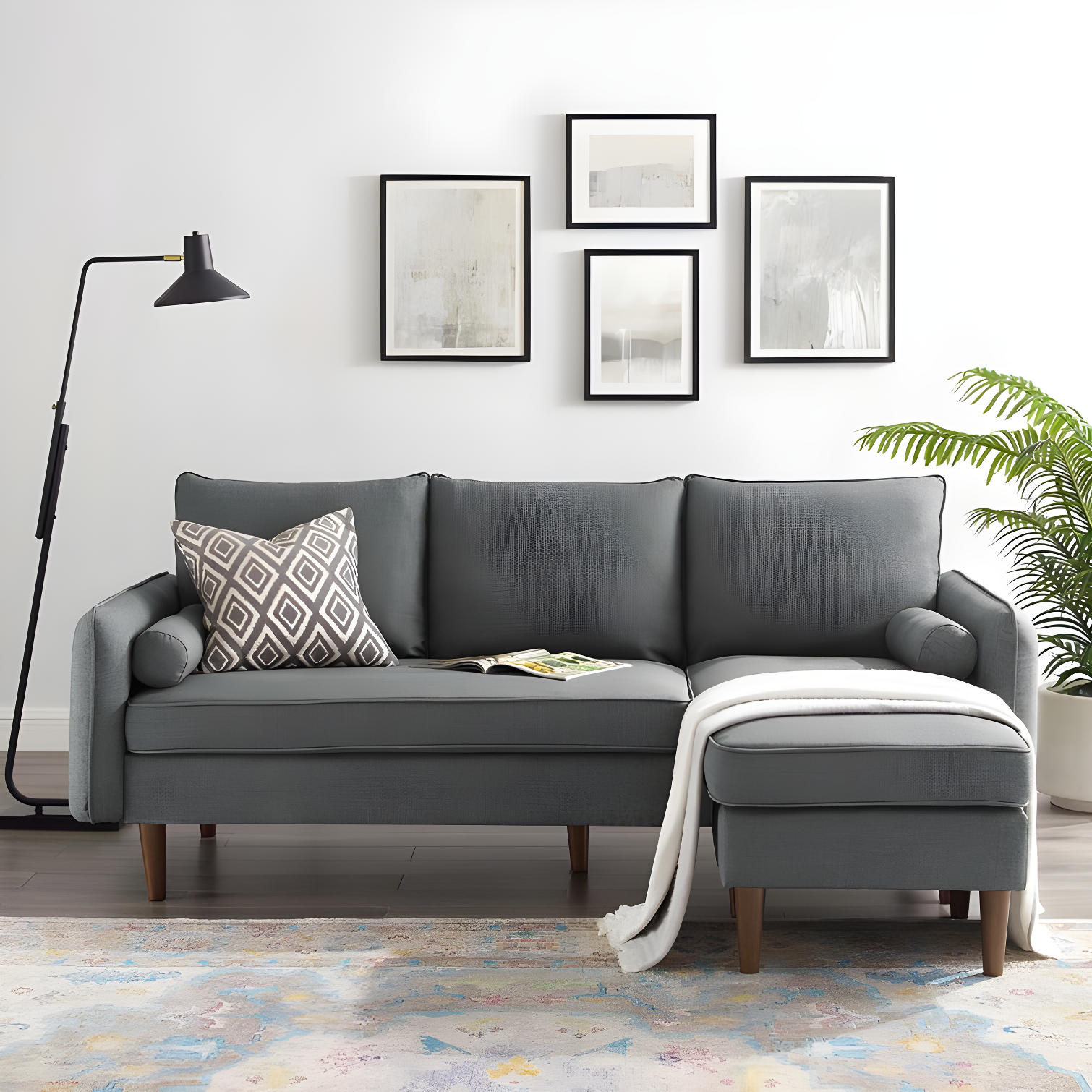 Gray Upholstered Fabric Sectional Sofa with Ottoman