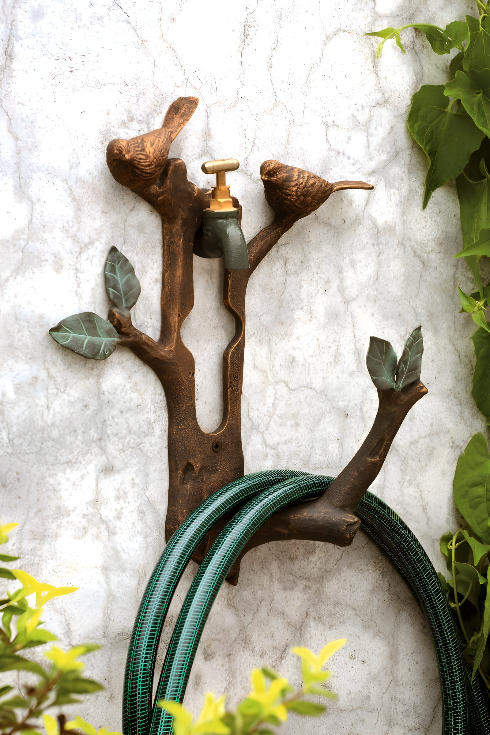 Verdigris Bronze Bird and Branch Aluminum Hose Holder