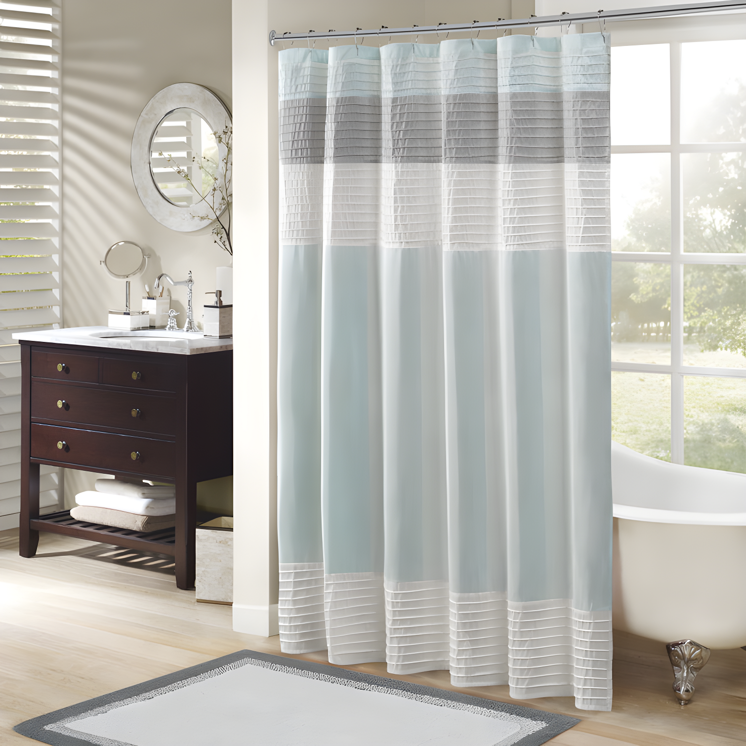 Aqua and Gray Faux Silk Striped Shower Curtain