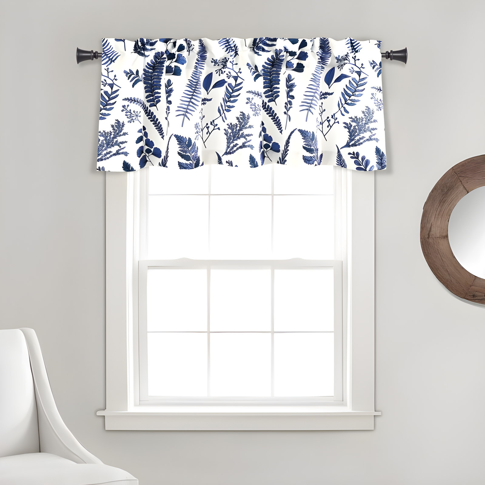 Devonia White and Navy Floral Light Filtering Valance