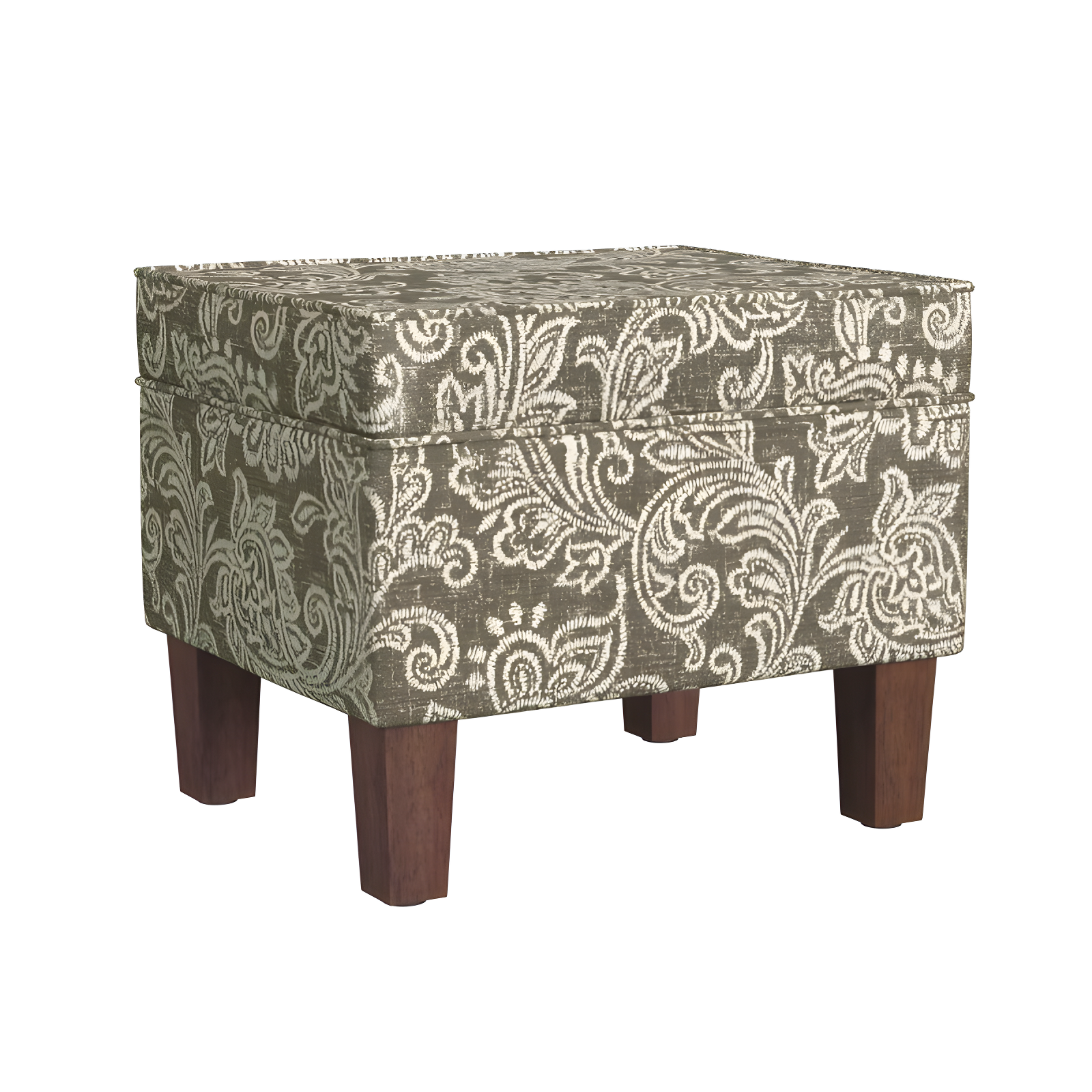 Brown Jacobean Print Upholstered Storage Ottoman with Hinged Lid